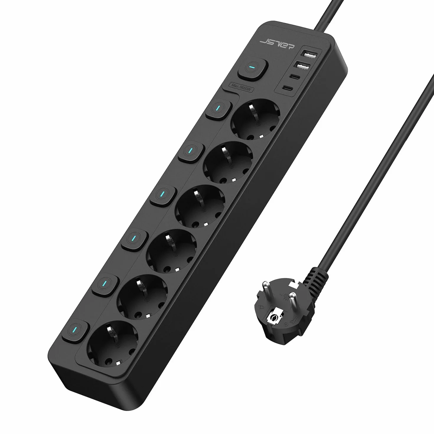 Multiprise USB avec Interrupteurs individuels 6 Prises 2 USB 3680W 16A Cable 2m Noir