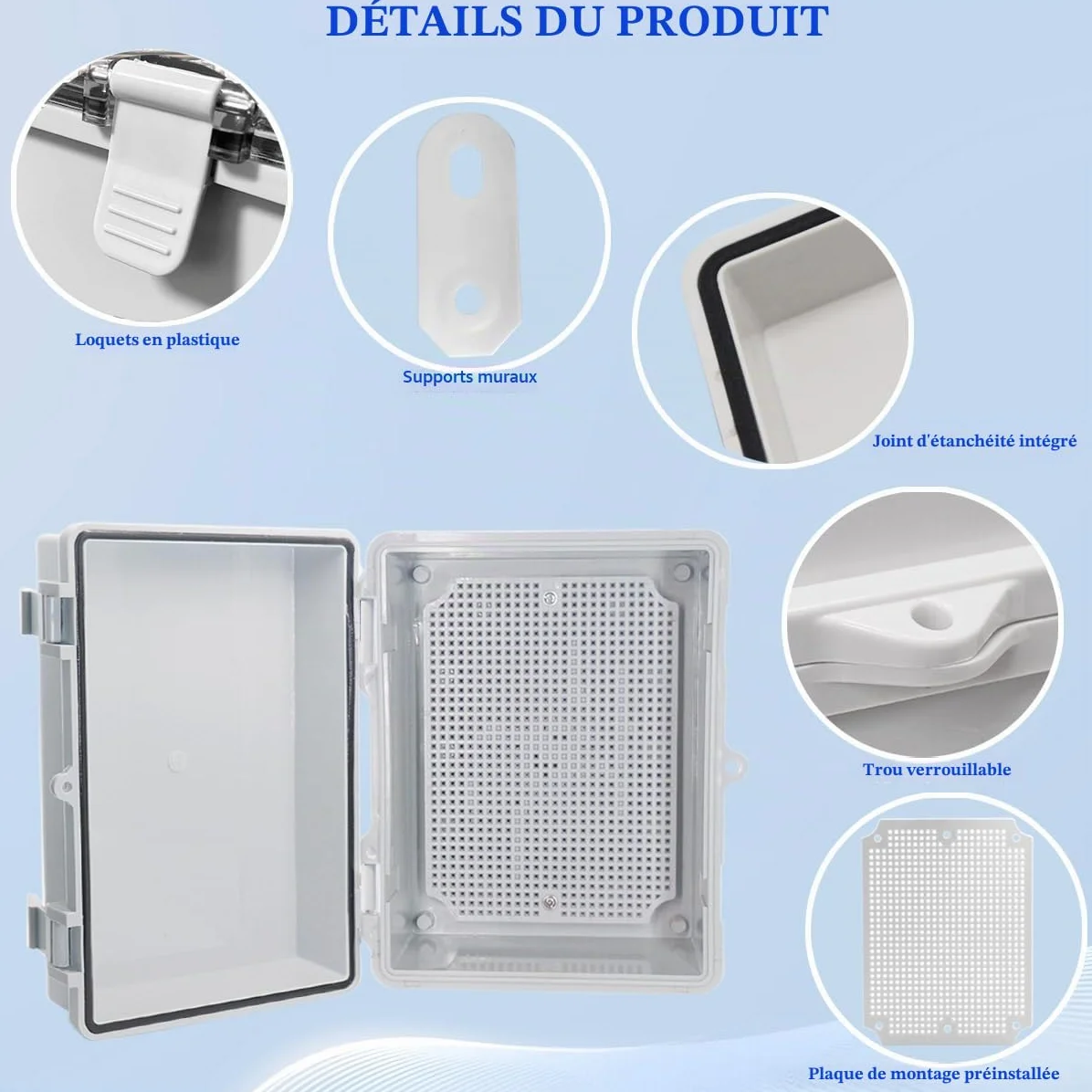 Waterproof Junction Box IP67 ABS Plastic Outdoor Electrical Enclosure with Mounting Plate Wall Bracket 2 Cable Glands 8.7x6.7x4.3 Inch Grey