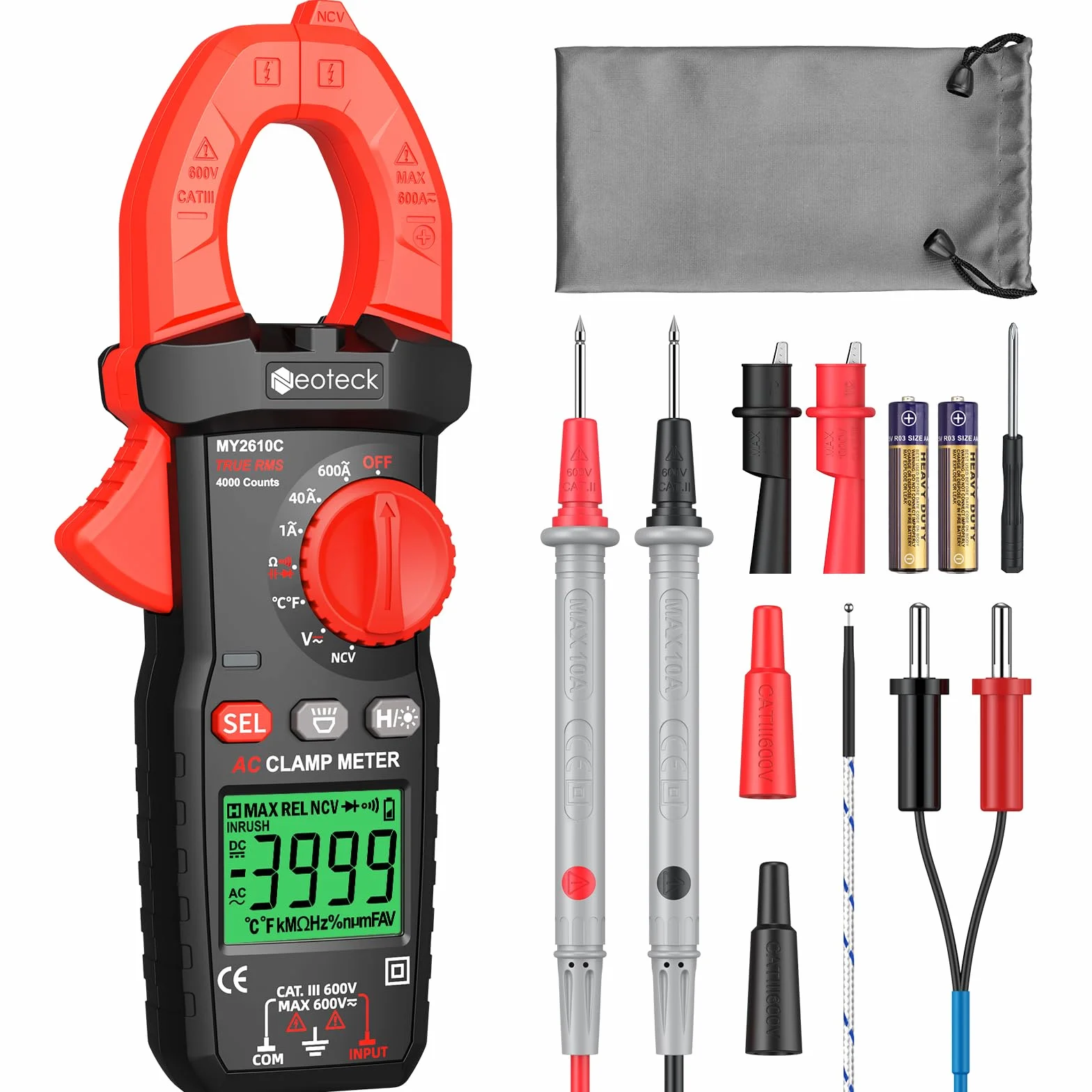 Neoteck Pince Ampèremétrique Numérique TRMS 4000 Counts - Multimètre Professionnel AC 600A Auto-Range NCV