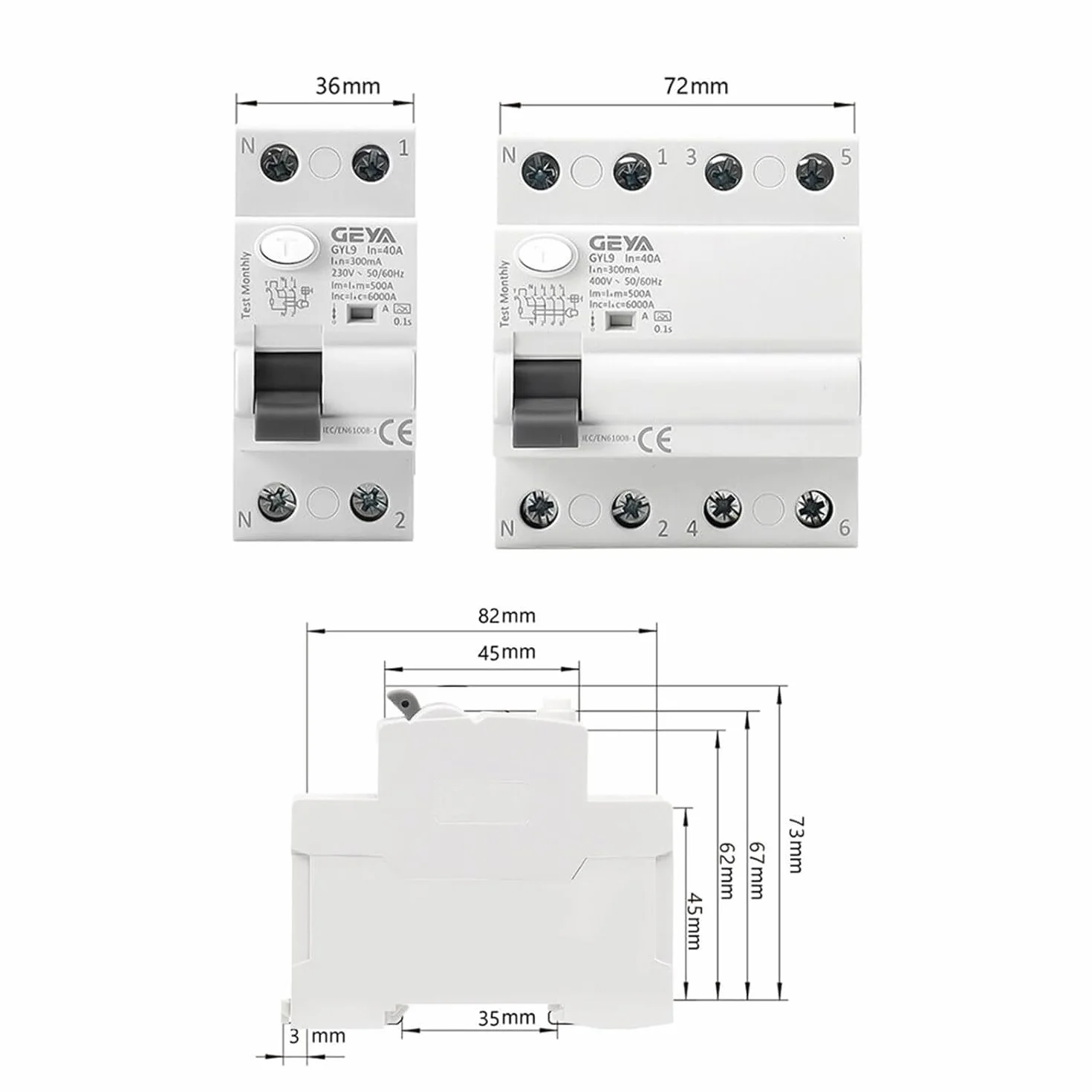 GEYA Électromagnétique Disjoncteur de courant résiduel type A ELCB RCD RCCB 2P 40A 30mA