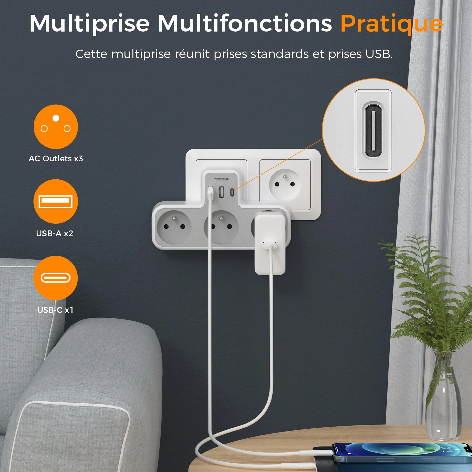 TESSAN Multiprise Murale Française 3 Sortie AC 3 Ports USB 6 en 1 Prise Chargeur 4000W