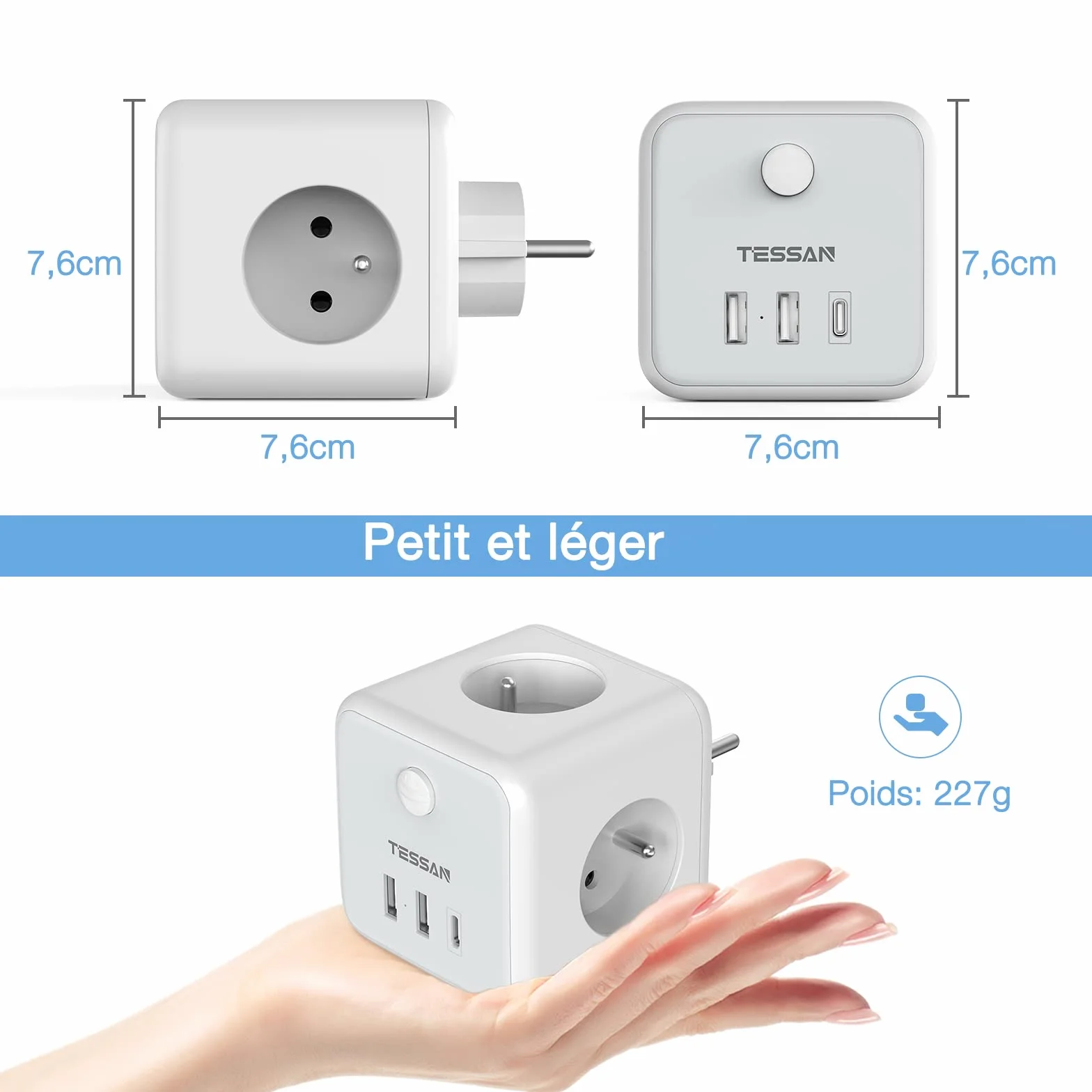 TESSAN Multiprise Cube 6-en-1 Chargeur USB Murale Prise Française 3 Sortie AC 3 Ports USB Adaptateur Secteur 2500W Gris