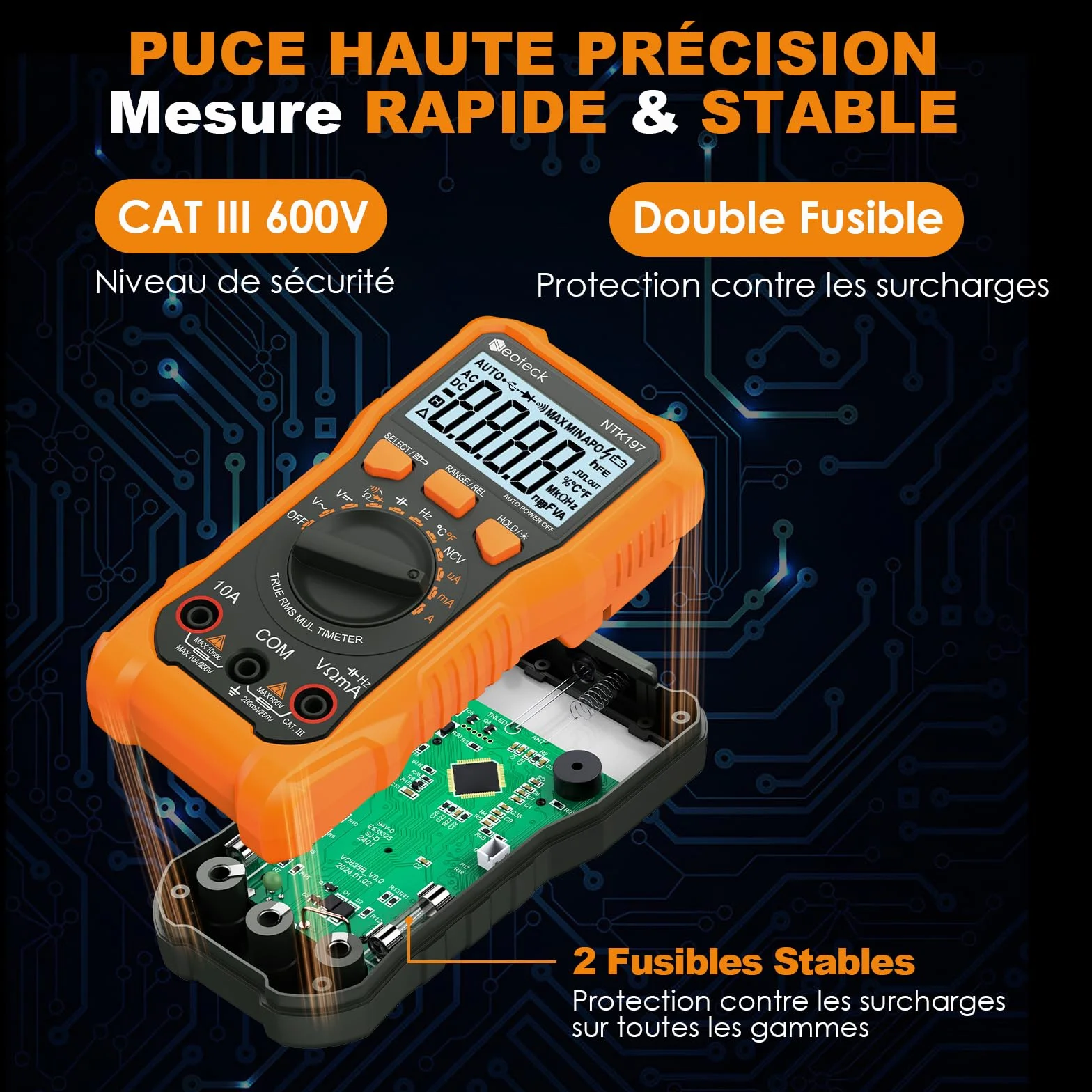 Neoteck Multimètre Numérique 2000 Comptages Testeur Électrique AC DC Tension Résistance Capacité NCV Fréquence Température 600V 10A