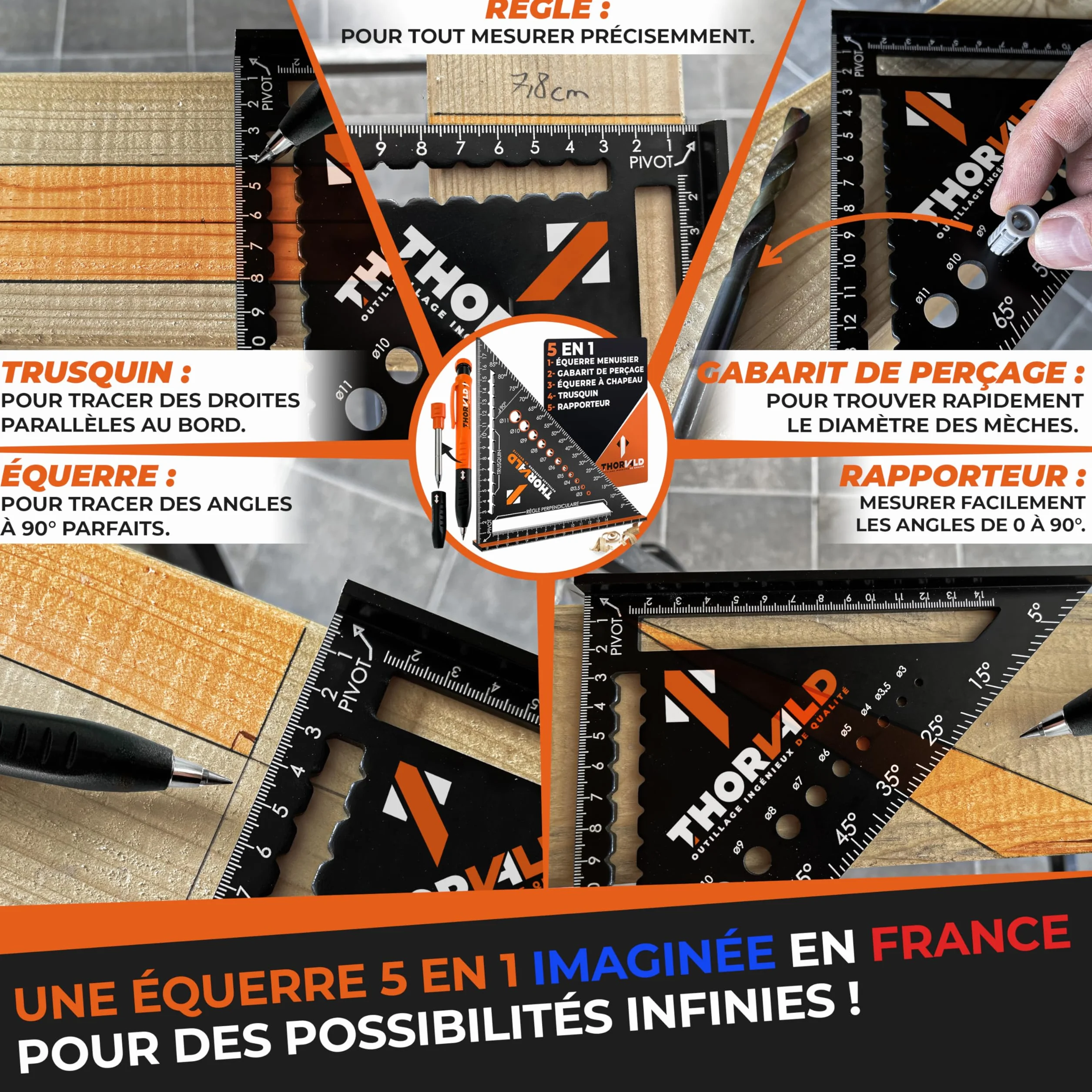 THORVALD 5 en 1 Equerre Menuisier 180 mm Aluminium Trusquin Rapporteur Gabarit de percage