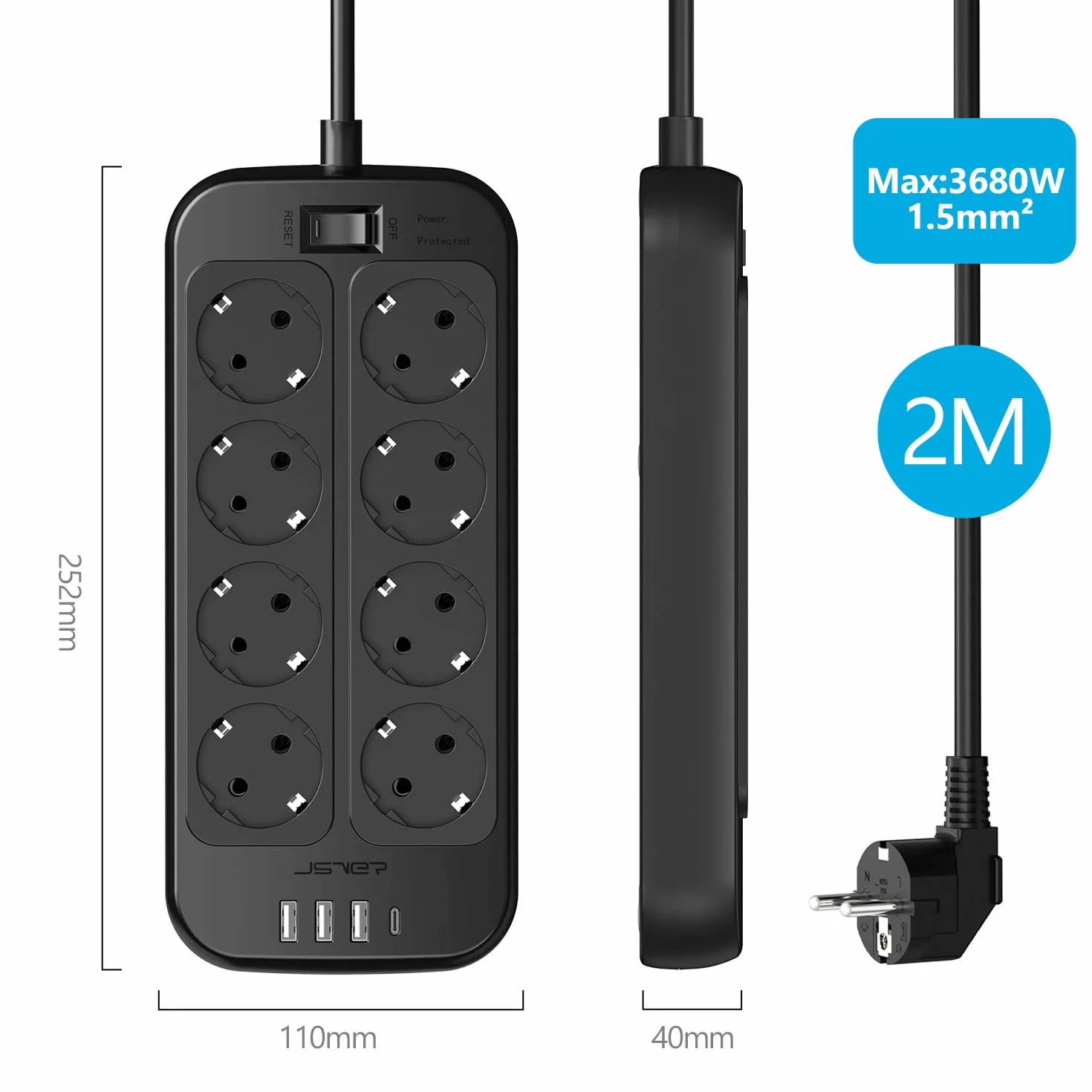 JSVER Multiprise 8 Prises USB C USB A Parasurtenseur Cordon 2m Noir