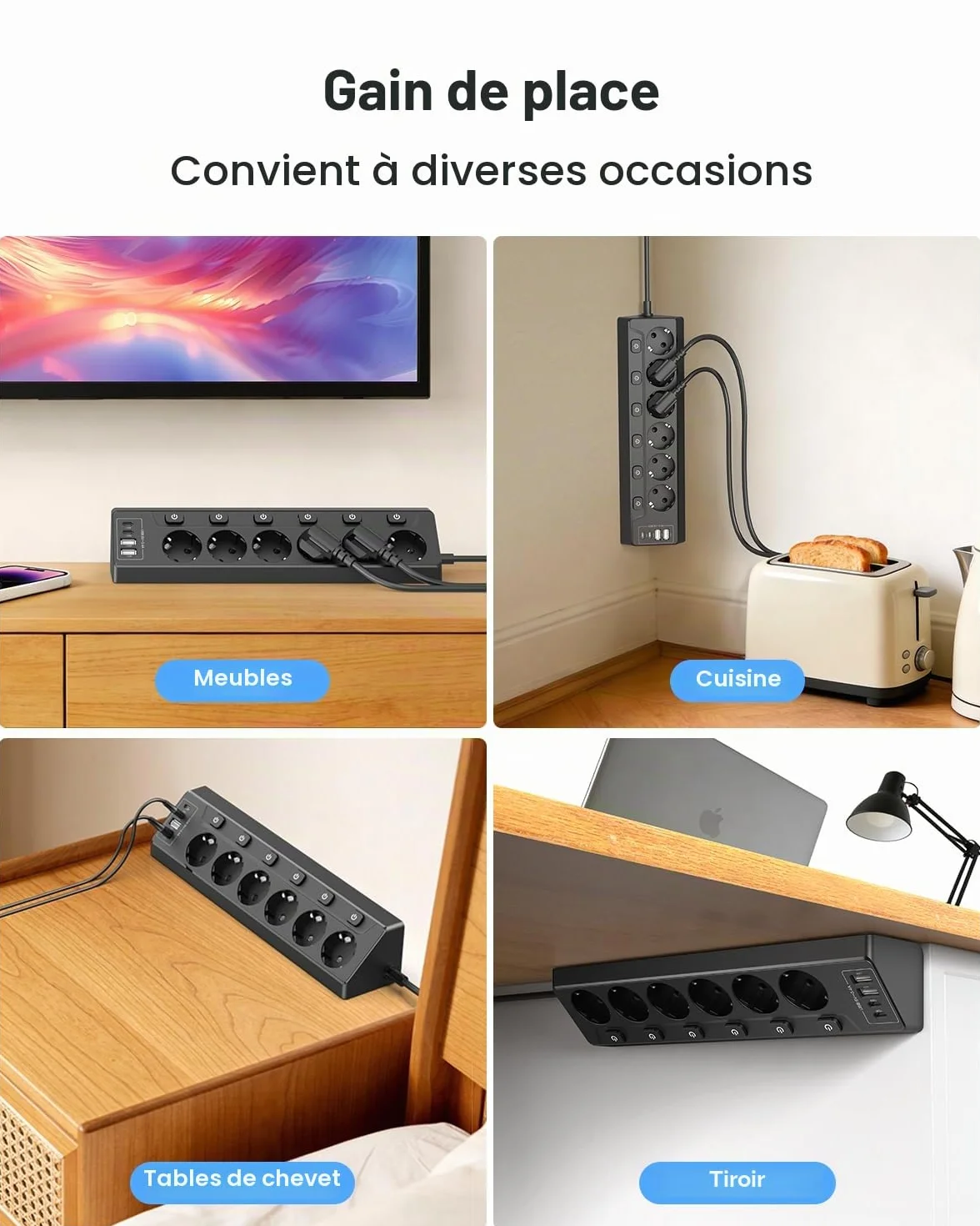 Prise Plan de Travail Cuisine, Multiprise 6 Prises avec 2 Ports USB A et 2 Ports USB C, Interrupteur, Rallonge 2m