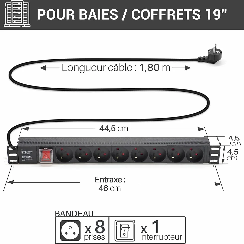 Multiprise Rackable 19 Pouces 8 Prises Schuko avec Interrupteur Fixations Pattes Métal Câbles 1,80m Fiche CEE 7/7