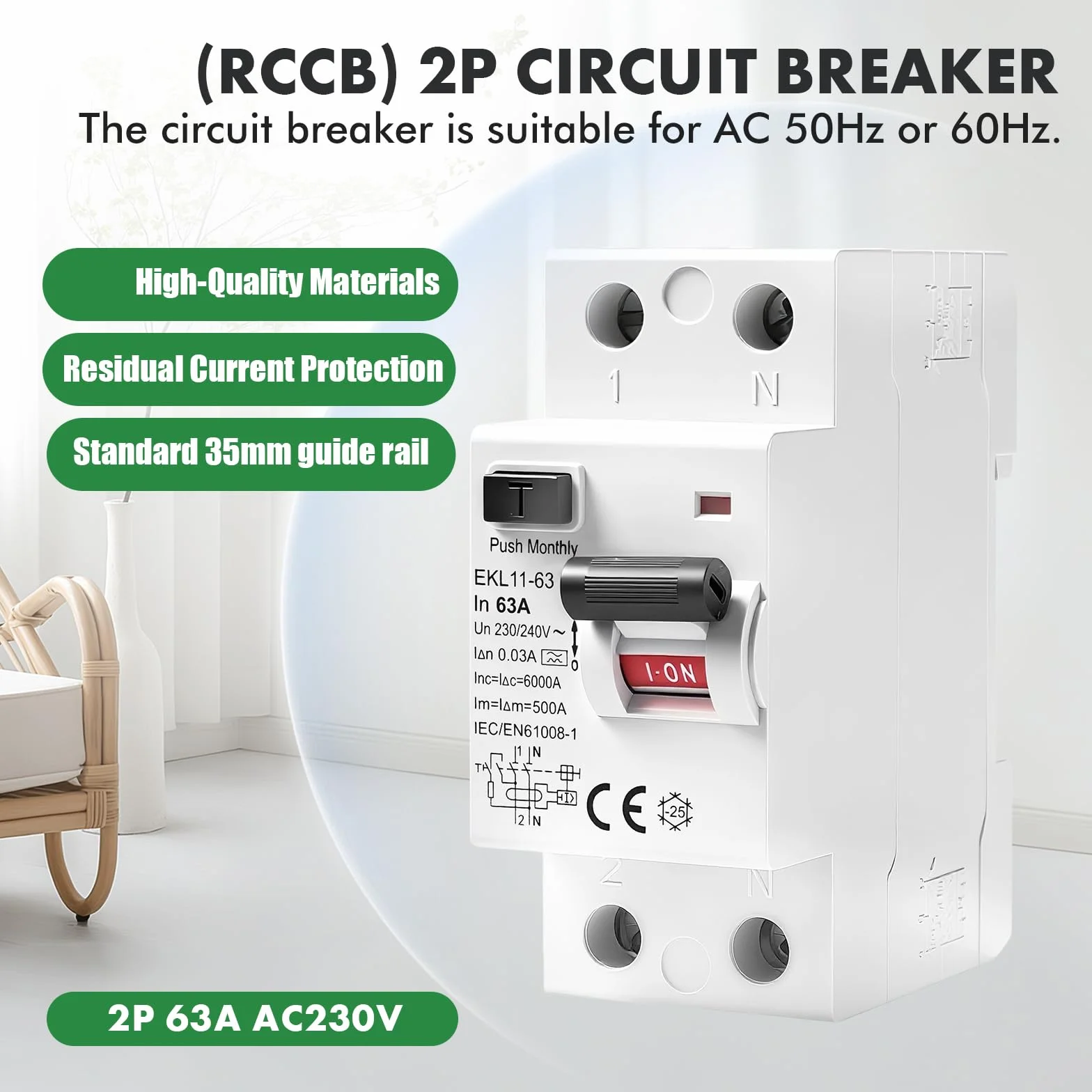 Disjoncteur différentiel 30mA 63A type A RCCB 2P AC230V EKL11-63 Protection contre les fuites
