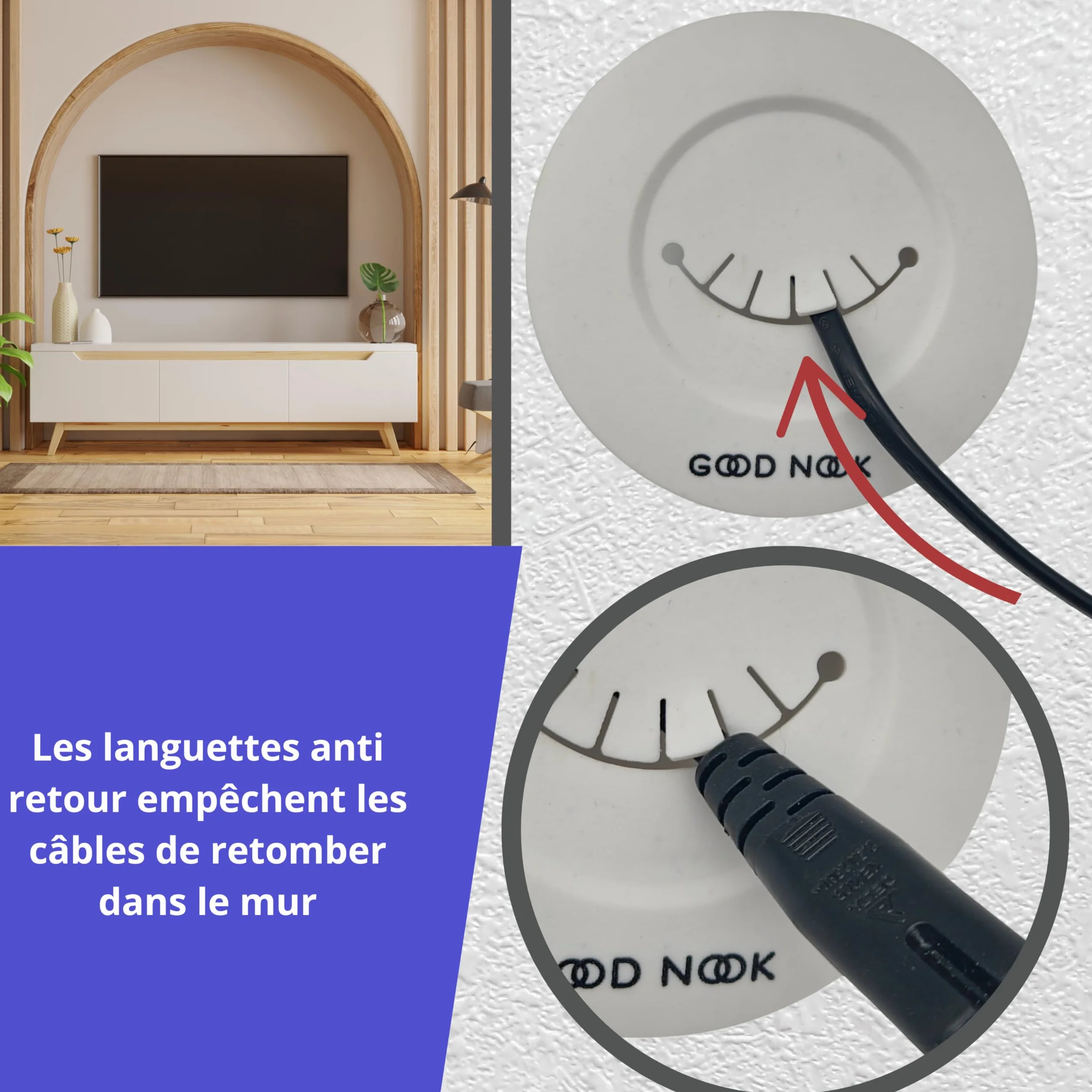 Cache-câble TV Mural Rond Blanc Good Nook Kit Cable Management avec Scie-Cloche