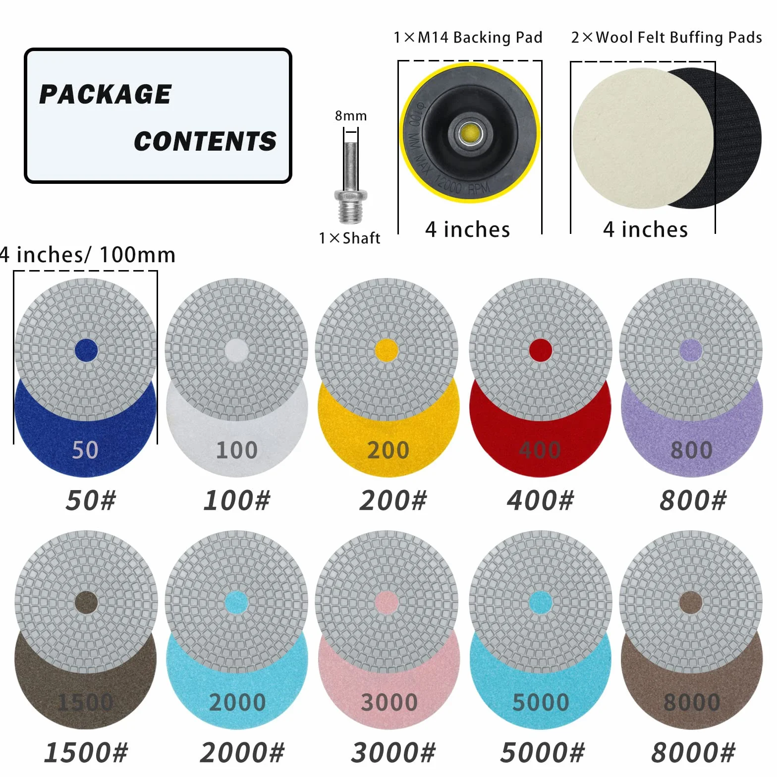 Disque de polissage diamant 14 pièces 100mm 50#-8000# pour marbre granit pierre béton carrelage meuleuse
