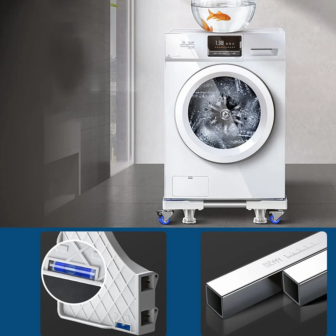 Support Mobile Réglable pour Machine à Laver Réfrigérateur Sèche-linge avec 4 Roues Pivotantes Verrouillables