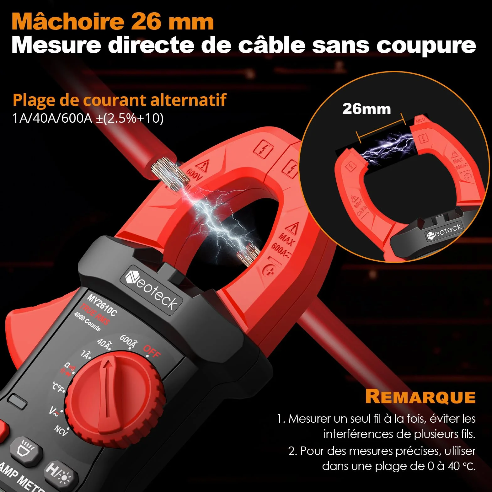 Neoteck Pince Ampèremétrique Numérique TRMS 4000 Counts - Multimètre Professionnel AC 600A Auto-Range NCV