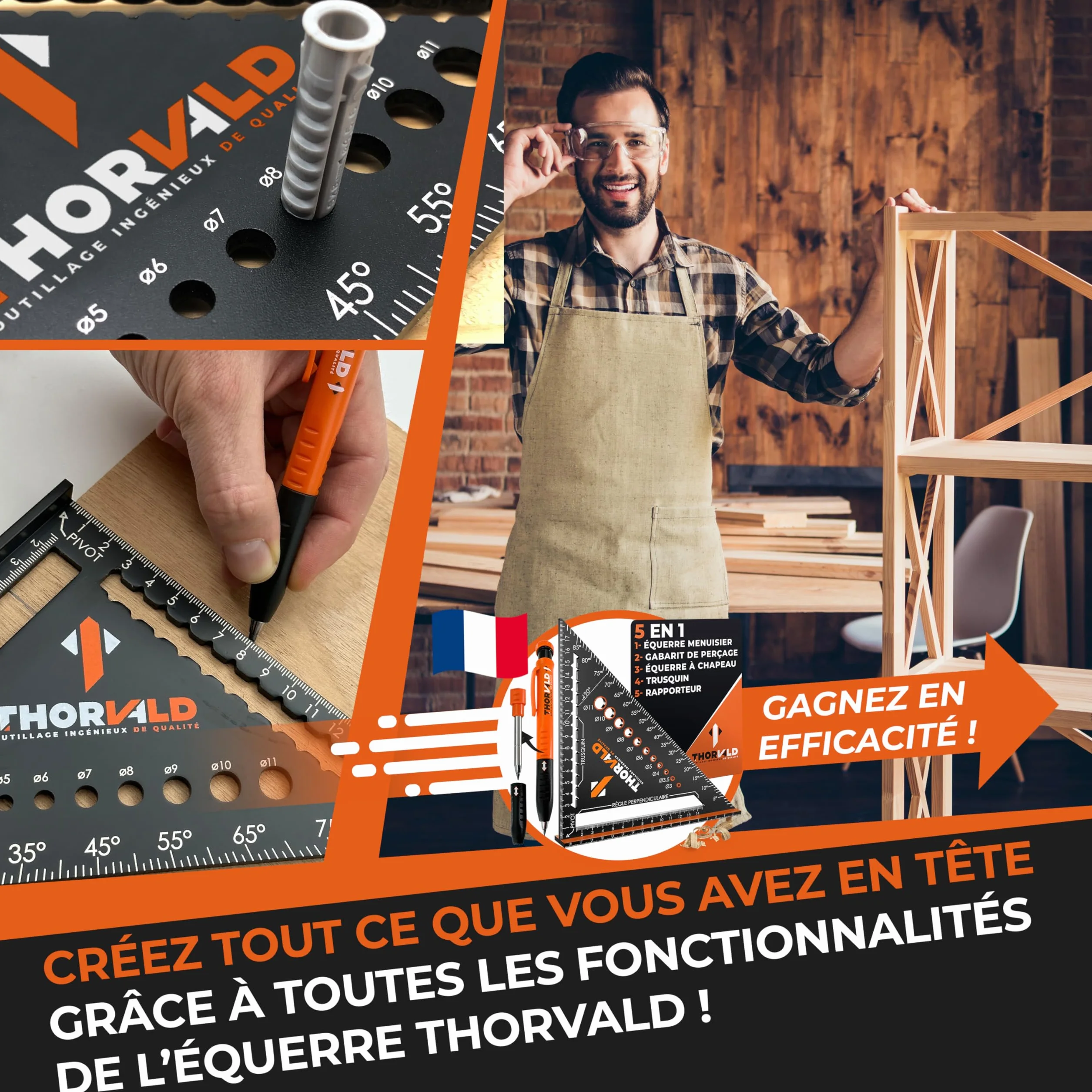 THORVALD 5 en 1 Equerre Menuisier 180 mm Aluminium Trusquin Rapporteur Gabarit de percage
