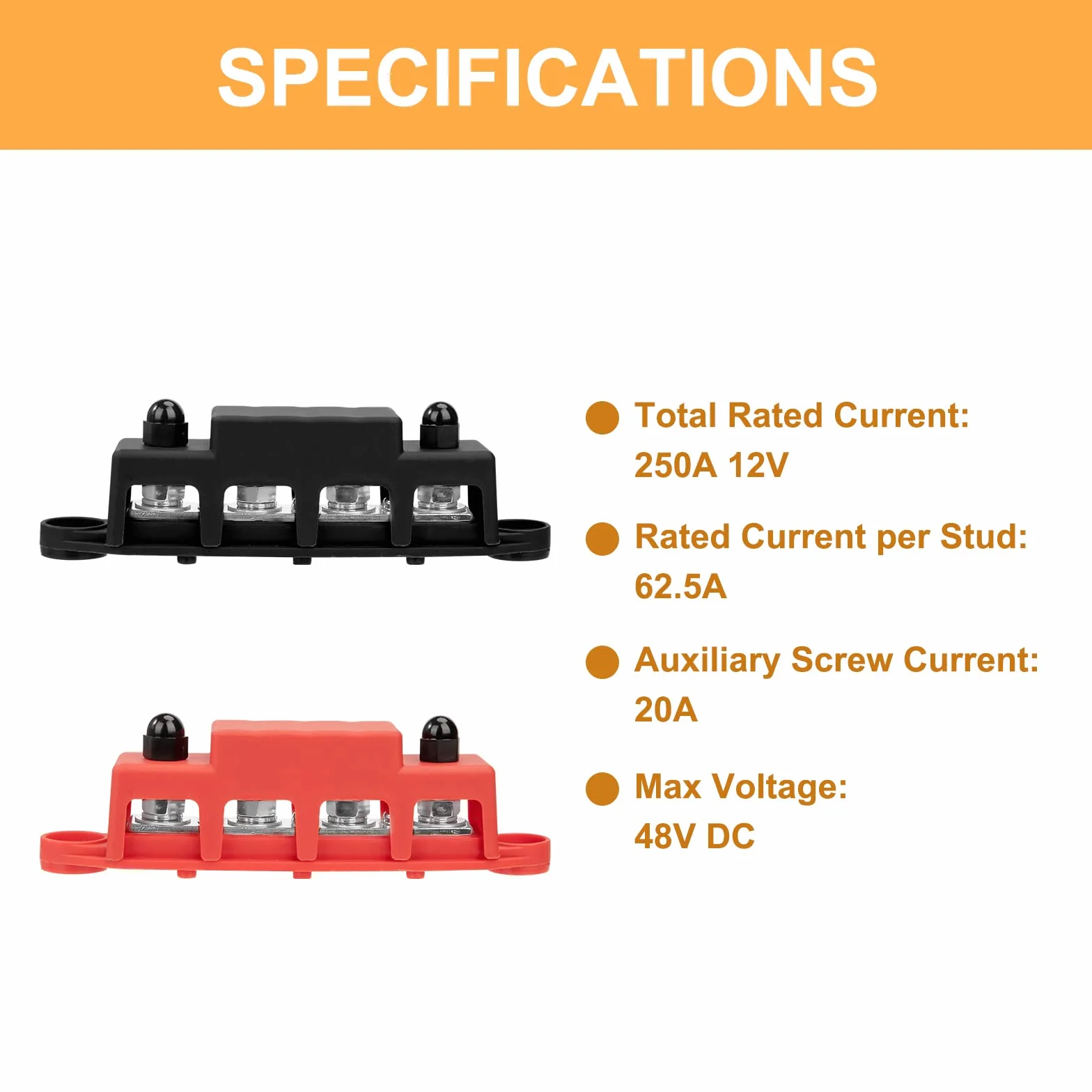 Bloc de Distribution d'Alimentation 12V-48V DC BusBar 250A avec Boulons M8 pour Voiture Camion Bateau 2 Pièces
