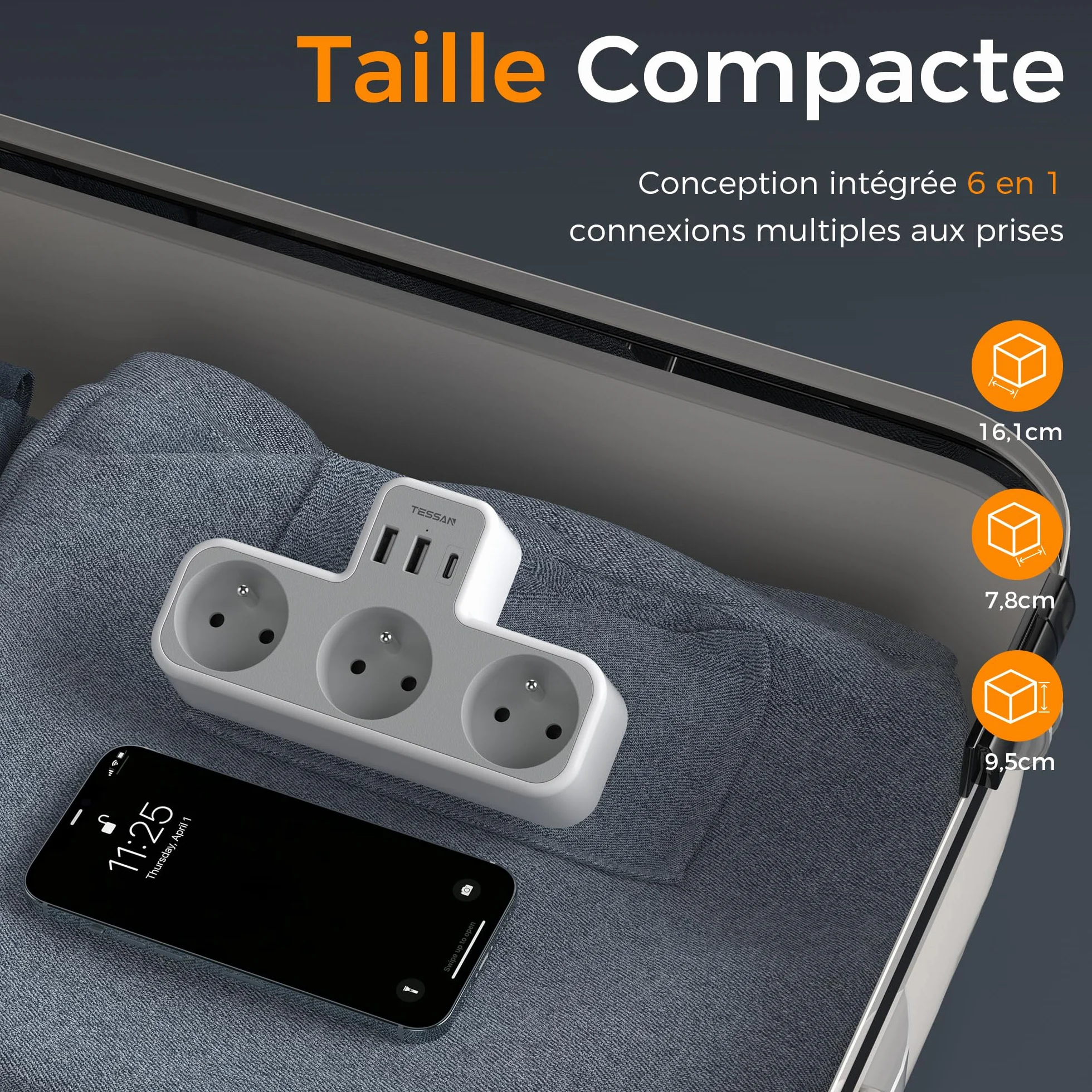 TESSAN Multiprise Murale Française 3 Sortie AC 3 Ports USB 6 en 1 Prise Chargeur 4000W