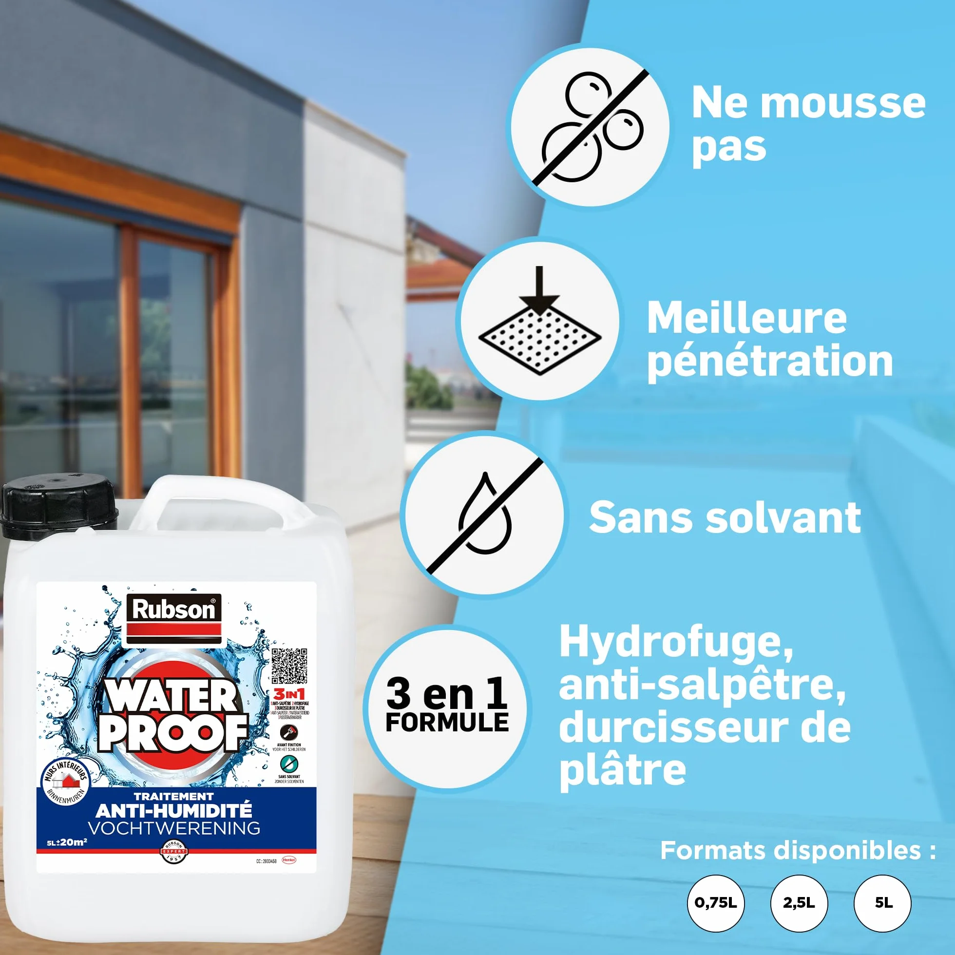 Rubson Traitement Murs Humides 3-en-1 anti-salpêtre hydrofuge durcisseur plâtre 0,75 L