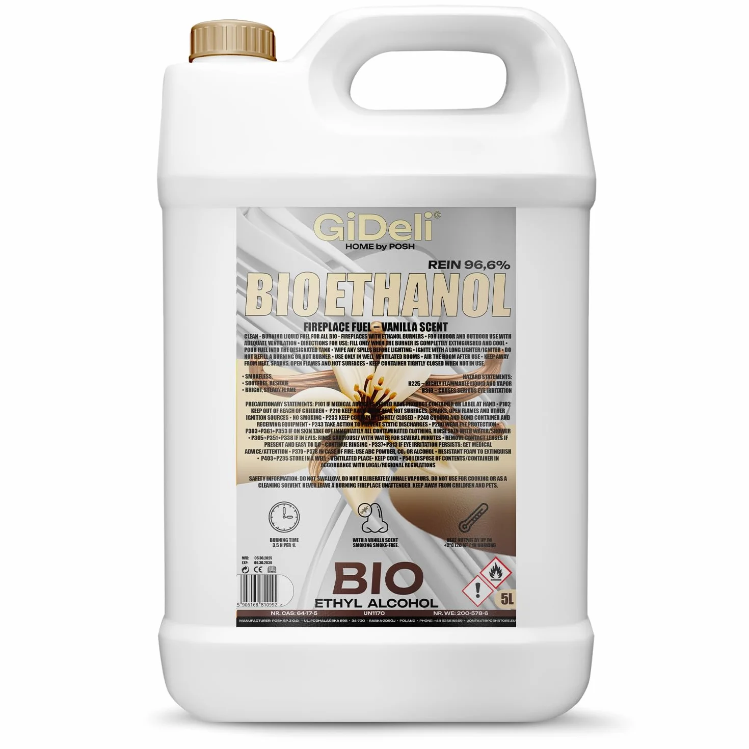 GiDeli Bioéthanol 5 l Parfum vanille 96,6 % éthanol pour cheminée intérieure et extérieure
