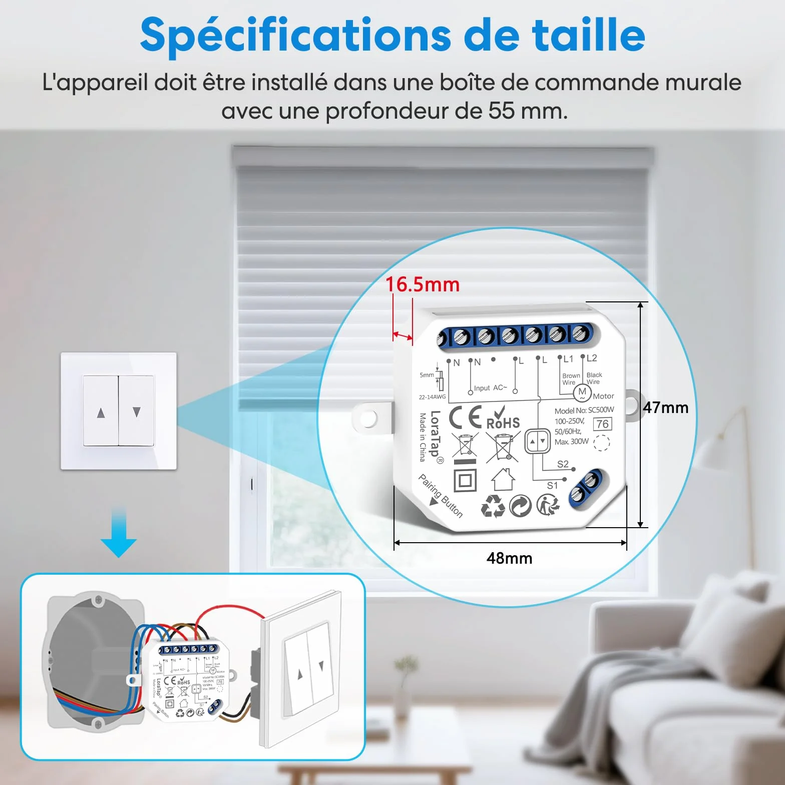LoraTap Module Volet Roulant Connecté WiFi 2,4GHz Moteur AC 4 Fils 300W Commande Vocale Alexa Google Assistant