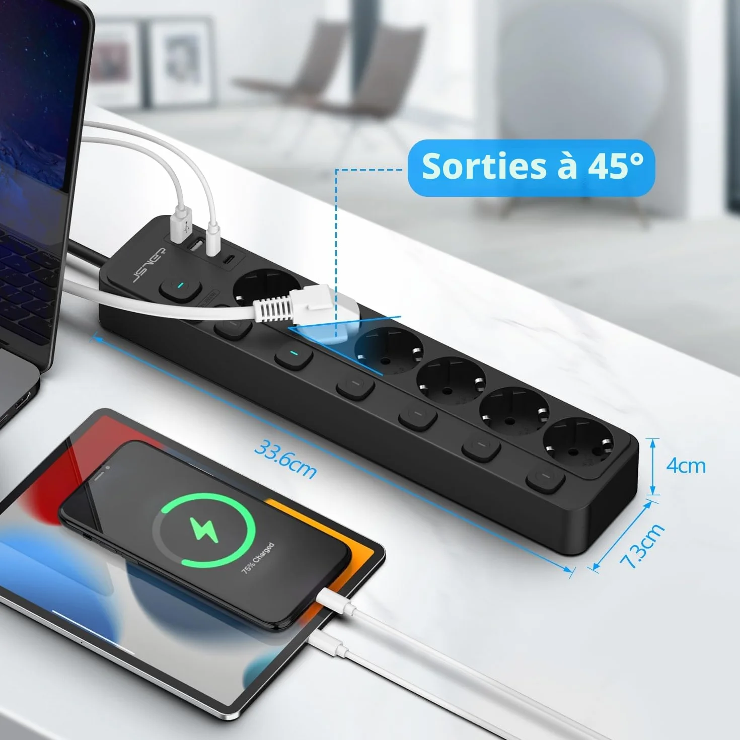 Multiprise USB avec Interrupteurs individuels 6 Prises 2 USB 3680W 16A Cable 2m Noir