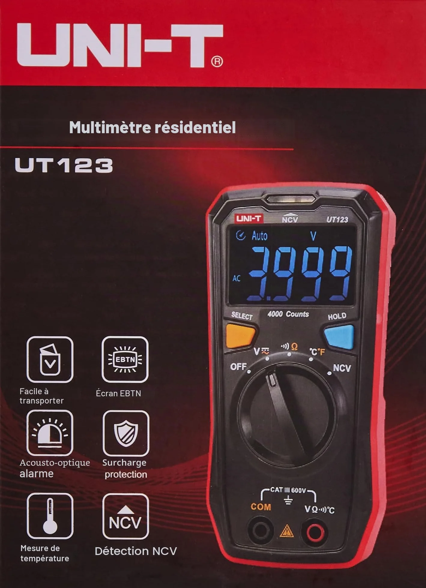 UNI-T UT123T Multimètre résidentiel de poche 600 V AC/DC -40°C-300°C