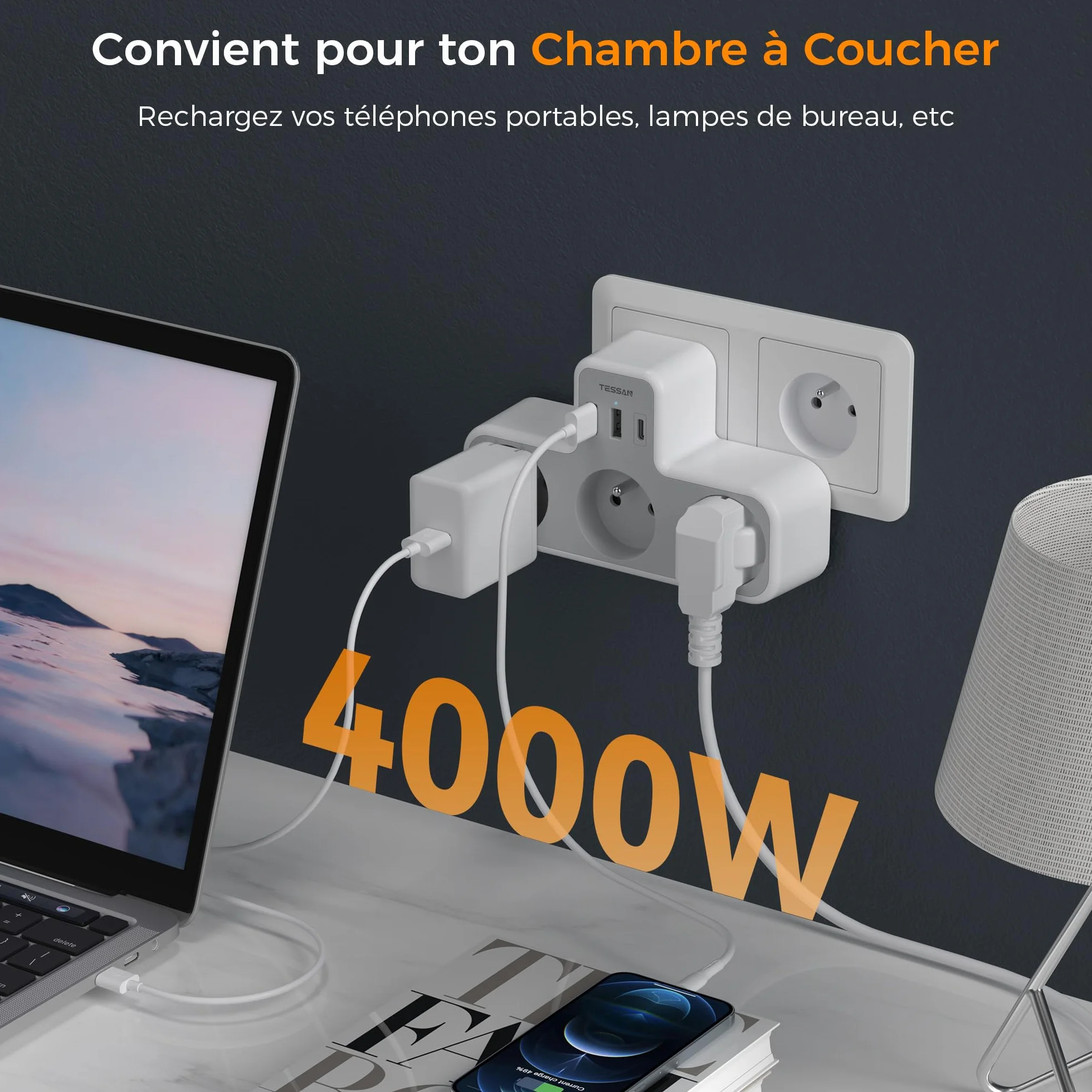 TESSAN Multiprise Murale Française 3 Sortie AC 3 Ports USB 6 en 1 Prise Chargeur 4000W