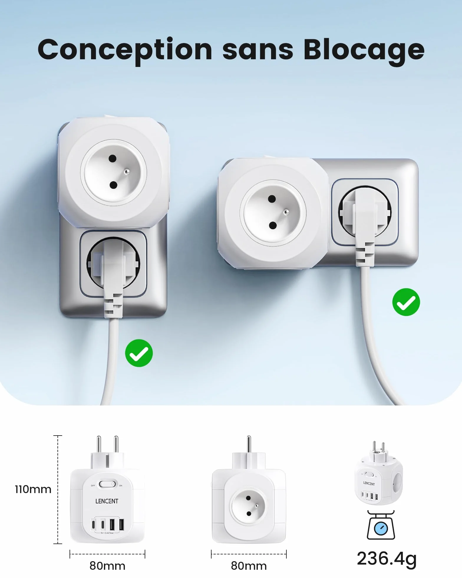 LENCENT Multiprise Murale Cube 8 en 1 4 Prises 2 Type C 2 USB A 4000W Adaptateur Secteur