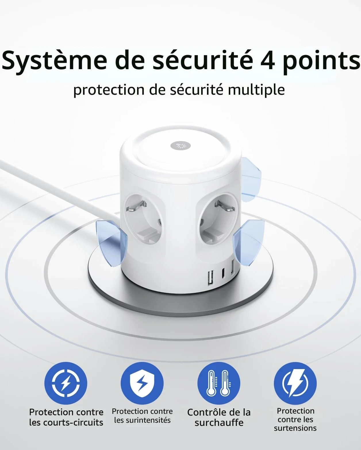 Multiprise avec lumière 4 Prises + 3 USB, Protection S.O., Cube 3 Modes écl., 2 m, 16 A