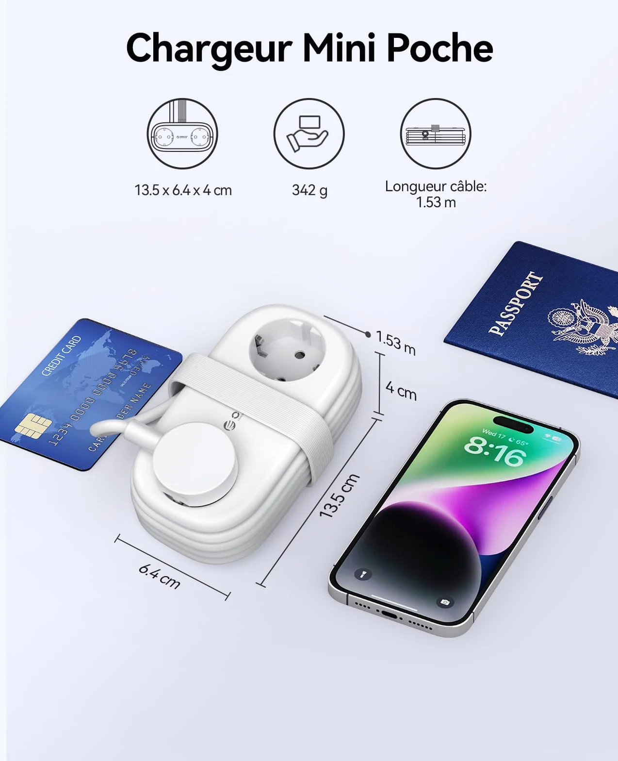 ORICO Multiprise Voyage 2 Prises USB-C 20W PD Blanc Compacte Portable Cordon 1,5m
