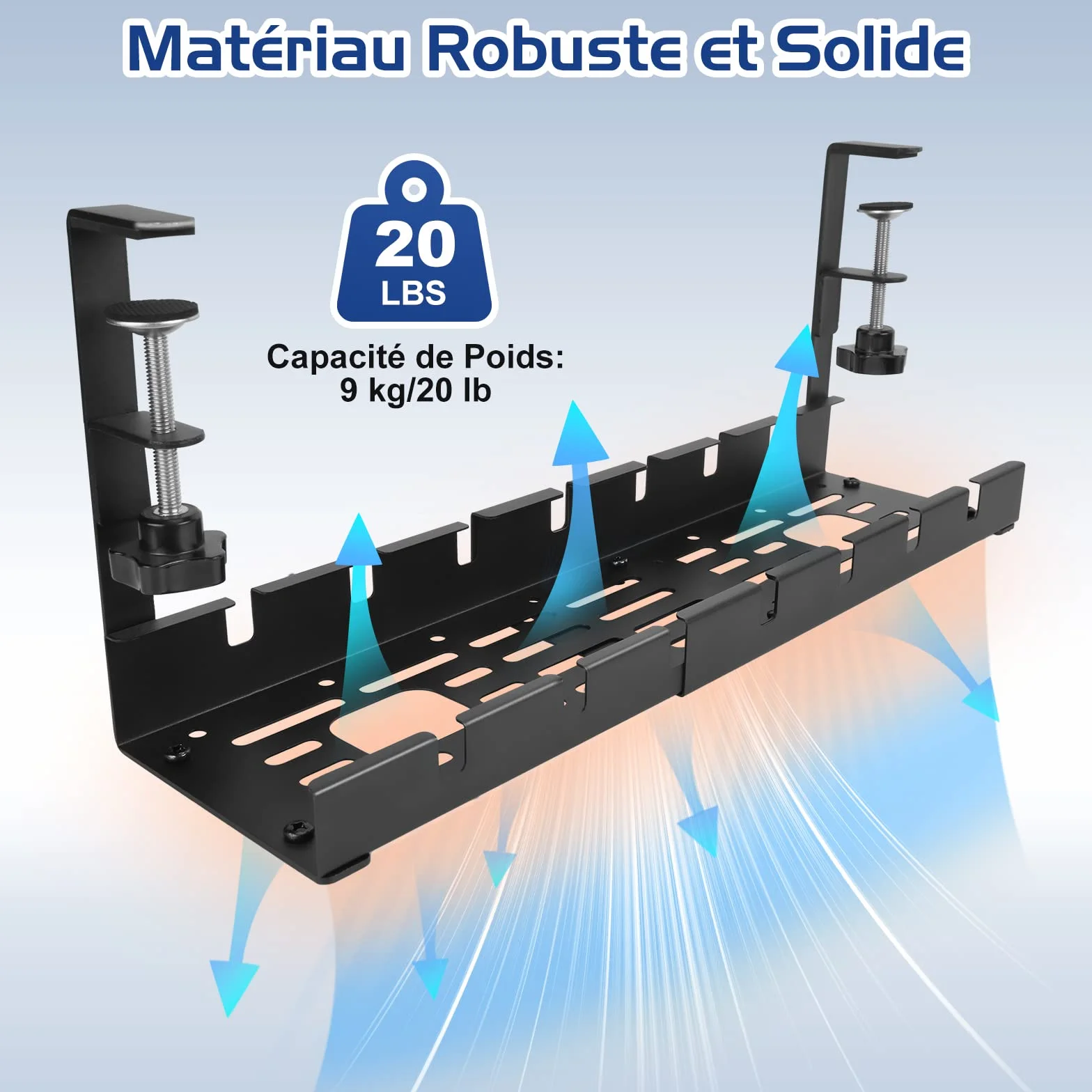 WADEO Plateau Gestion Câbles Bureau Rétractable 28.5-52cm - Organiseur Câbles Ajustable sans Perçage, Kit 148 Pièces, Panier Maille Métallique