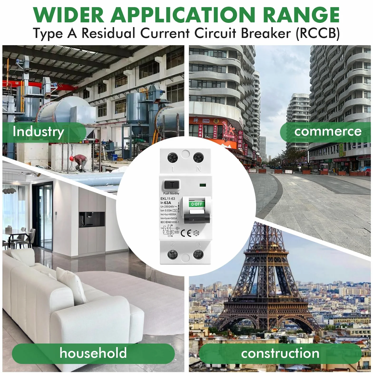 Disjoncteur différentiel 30mA 63A type A RCCB 2P AC230V EKL11-63 Protection contre les fuites