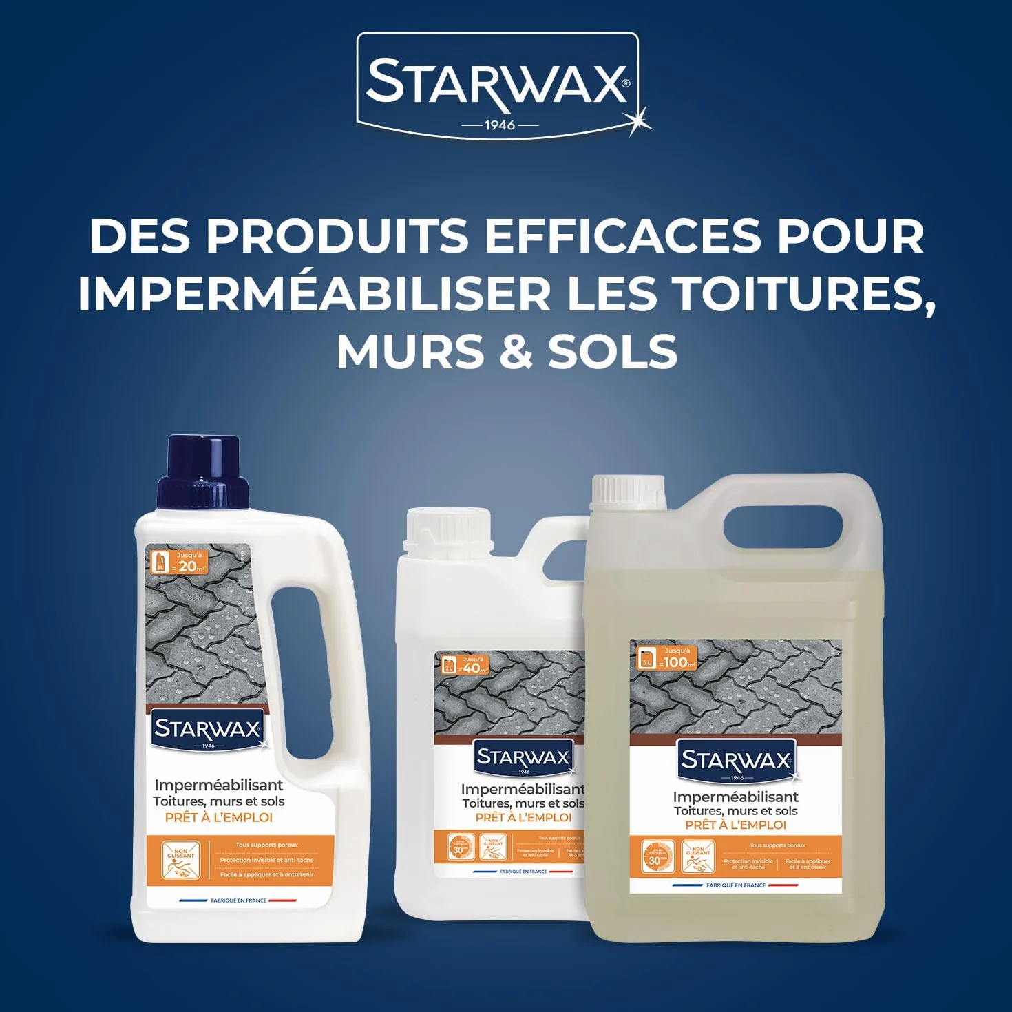 STARWAX Imperméabilisant Toitures Murs Sols Protection Hydrofuge Oléofuge Effet Déperlant Non Glissant Fabriqué France 1L