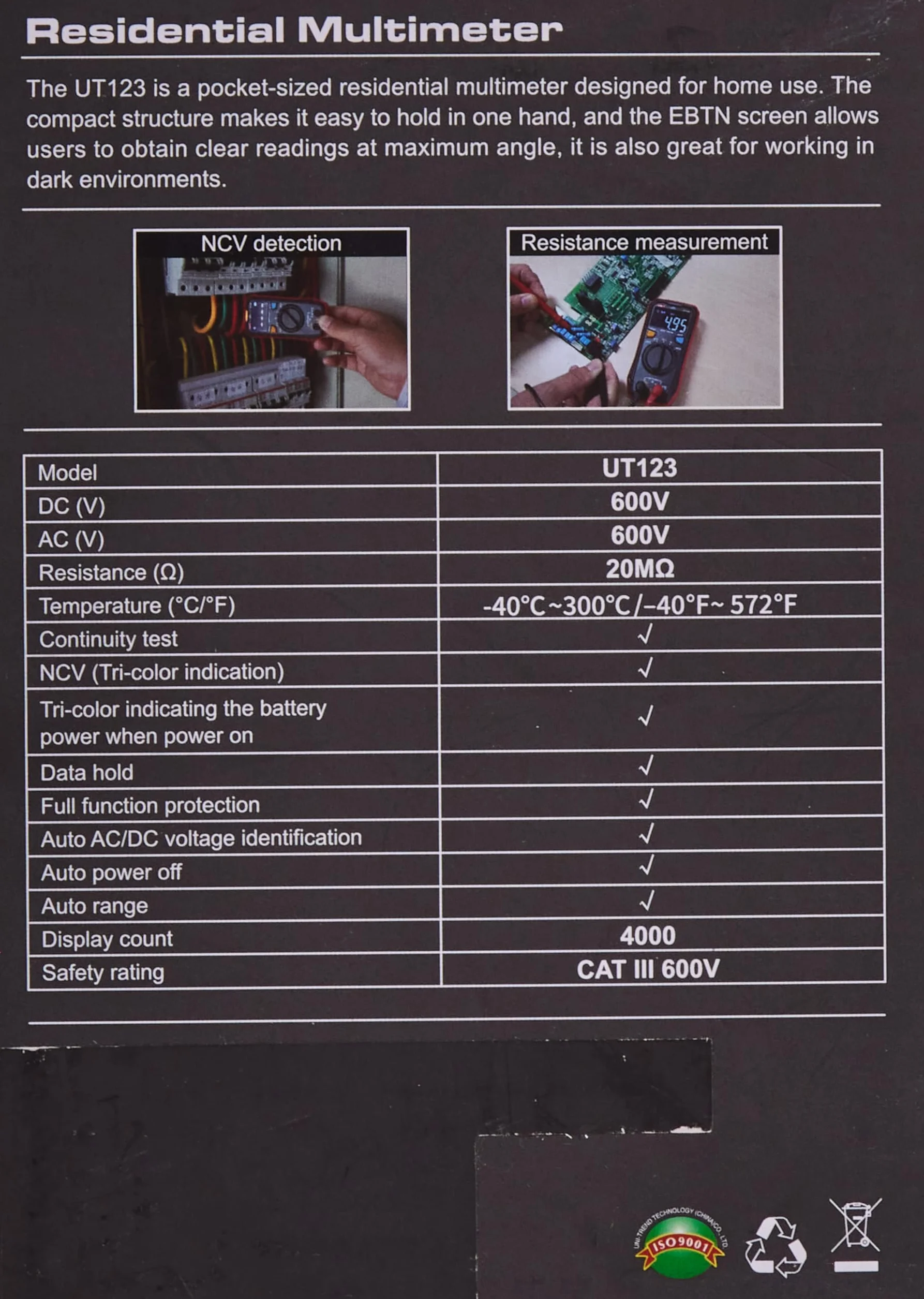 UNI-T UT123T Multimètre résidentiel de poche 600 V AC/DC -40°C-300°C