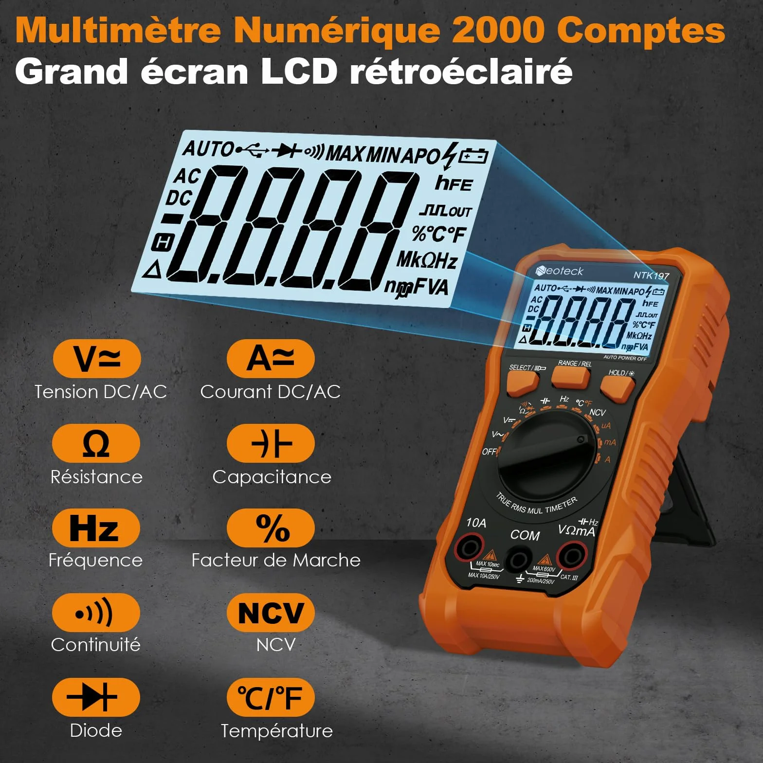 Neoteck Multimètre Numérique 2000 Comptages Testeur Électrique AC DC Tension Résistance Capacité NCV Fréquence Température 600V 10A