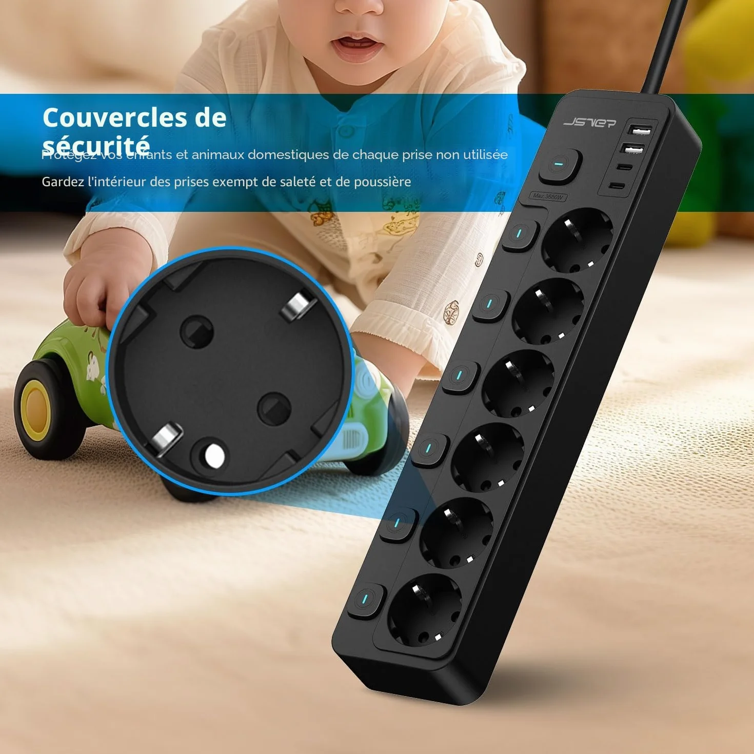 Multiprise USB avec Interrupteurs individuels 6 Prises 2 USB 3680W 16A Cable 2m Noir