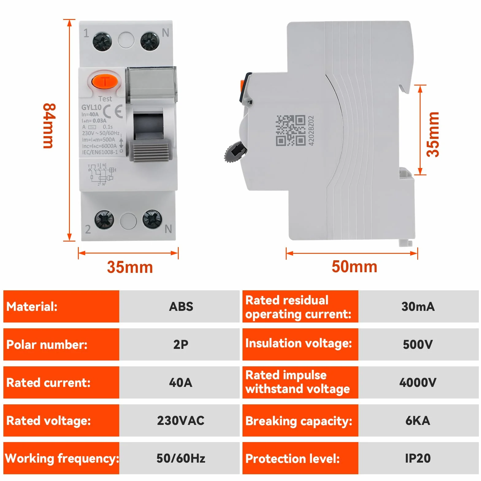 Disjoncteur différentiel 30mA 40A type A 2P AC230V RCCB GYL10