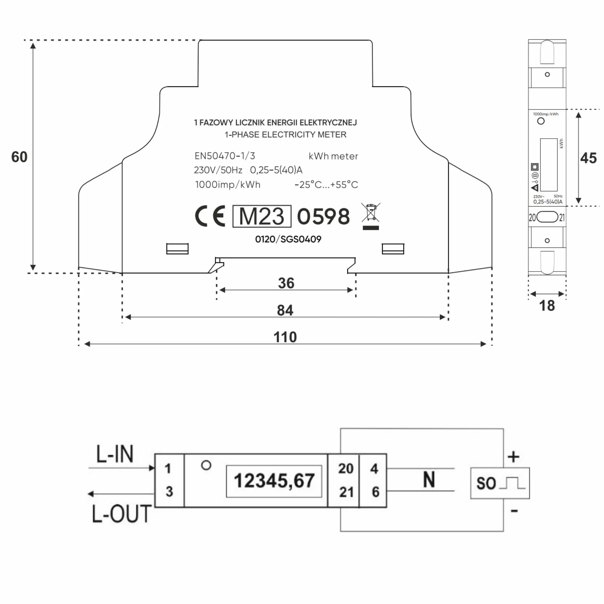 Compteur Electrique 1 Phase 40A MID Certificat DIN TH-35mm Module