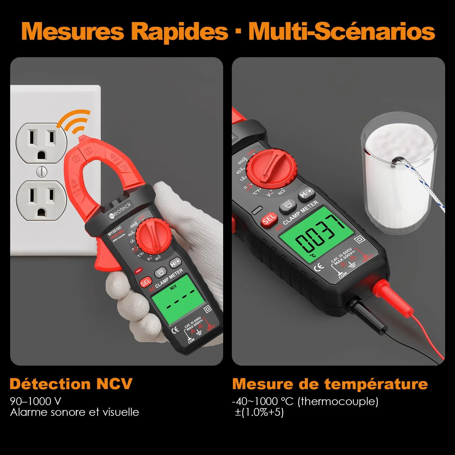 Neoteck Pince Ampèremétrique Numérique TRMS 4000 Counts - Multimètre Professionnel AC 600A Auto-Range NCV