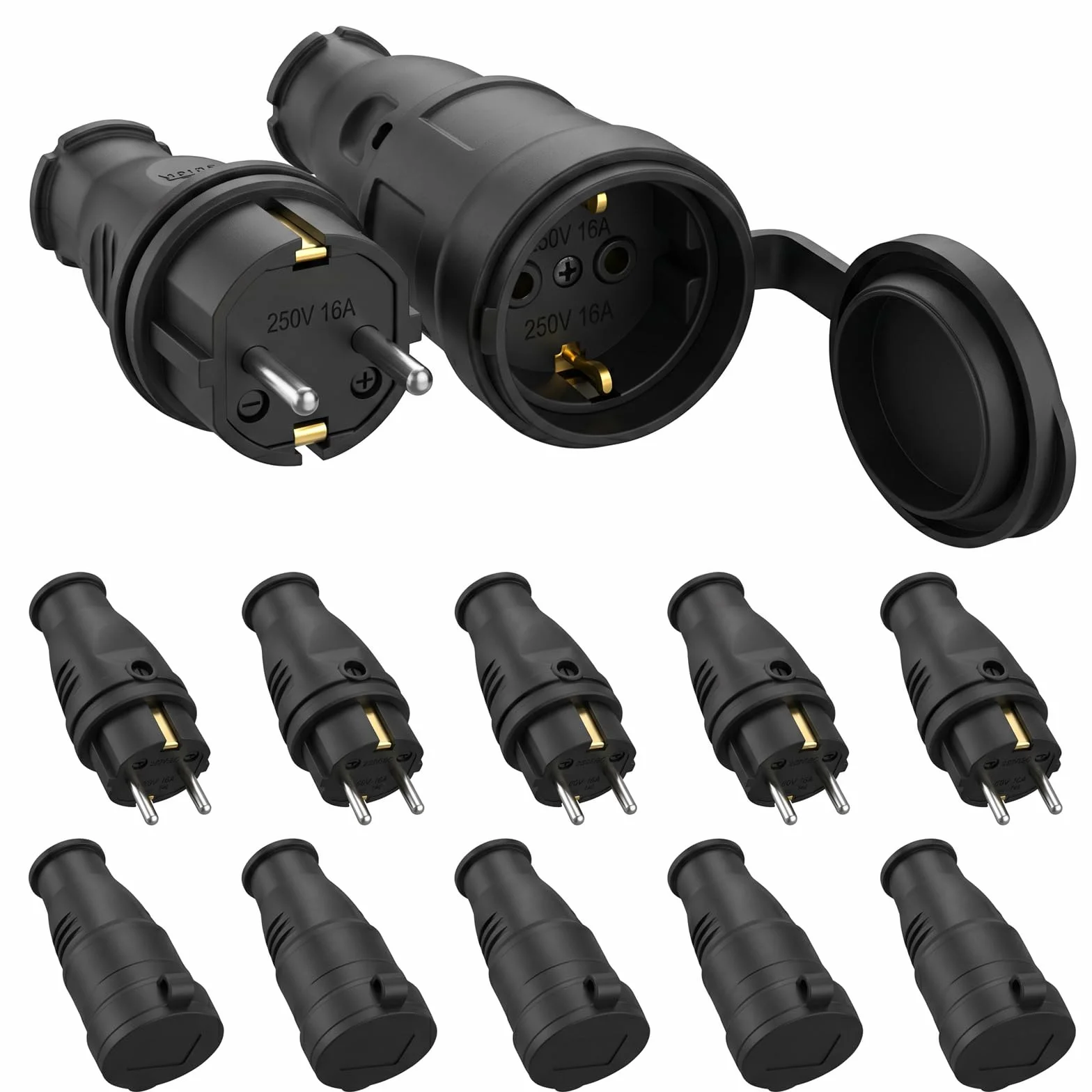 Lot de 10 Connecteurs Schuko IP44 250V 16A Fiche Mâle + Prise Femelle Étanche