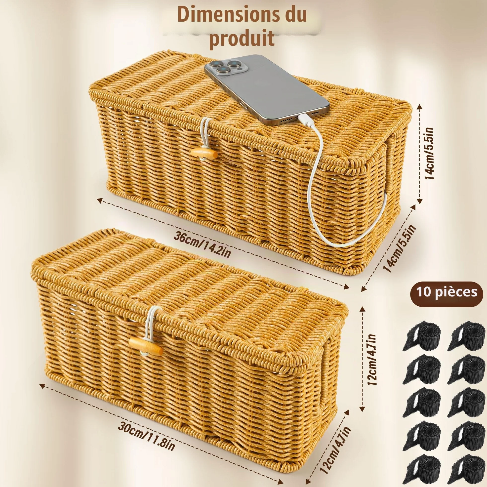 Gucass Lot de 2 Boîte Rangement Câble avec Couvercle, Boîte Organisation Câbles Rotin, Multiprise Cacher Câbles Grande Moyenne