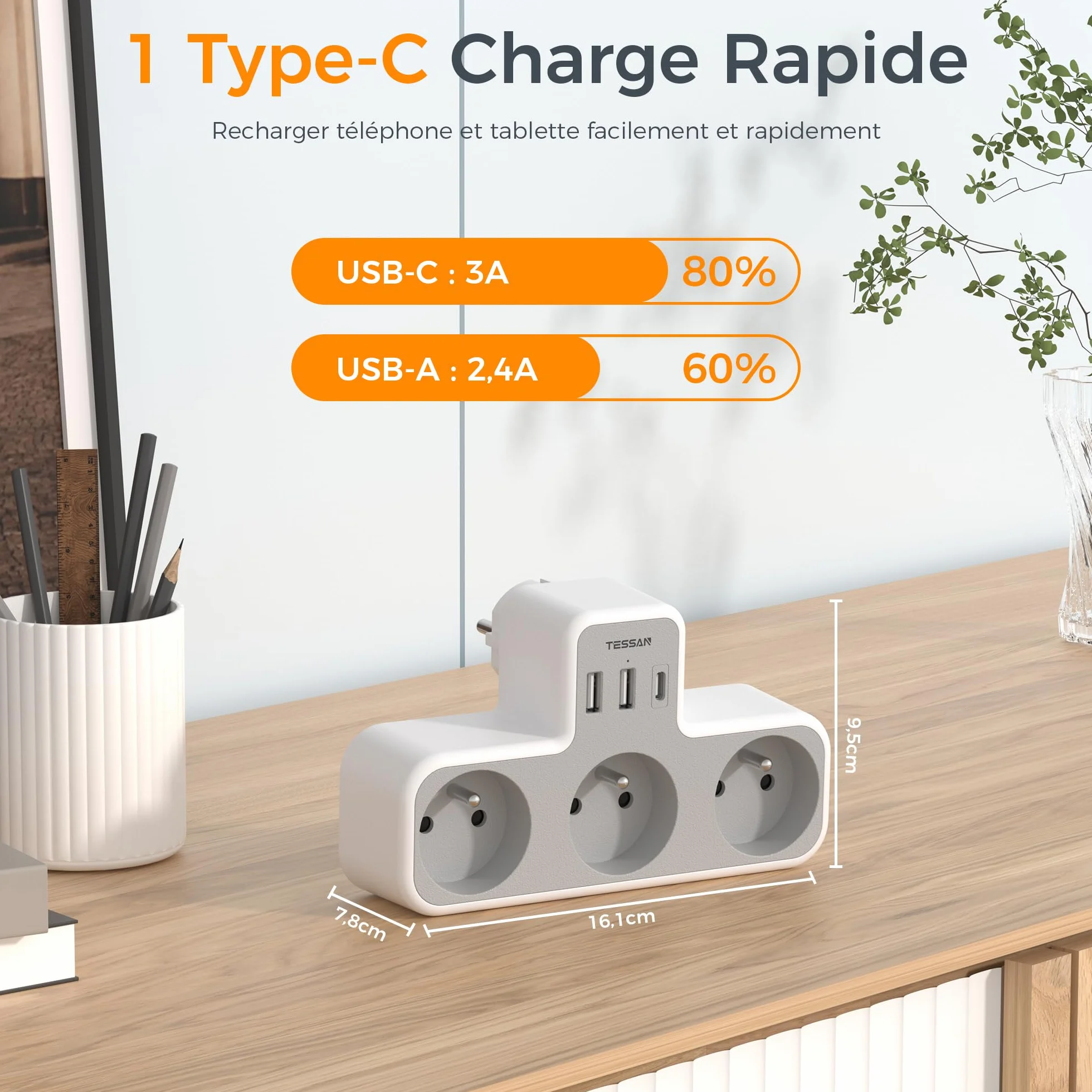 TESSAN Multiprise Murale Française 3 Sortie AC 3 Ports USB 6 en 1 Prise Chargeur 4000W