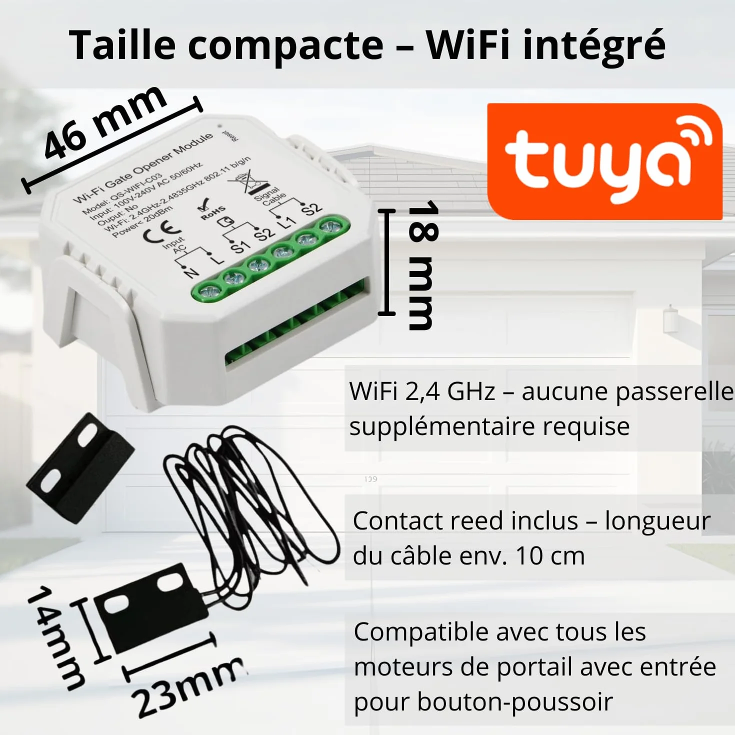 Sone Smart One Ouvre Portail Connecté WiFi 2.4GHz 230V Contact Sec - Compatible Tuya Smart Life Alexa Google Home - Capteur Inclus 46x46x18mm