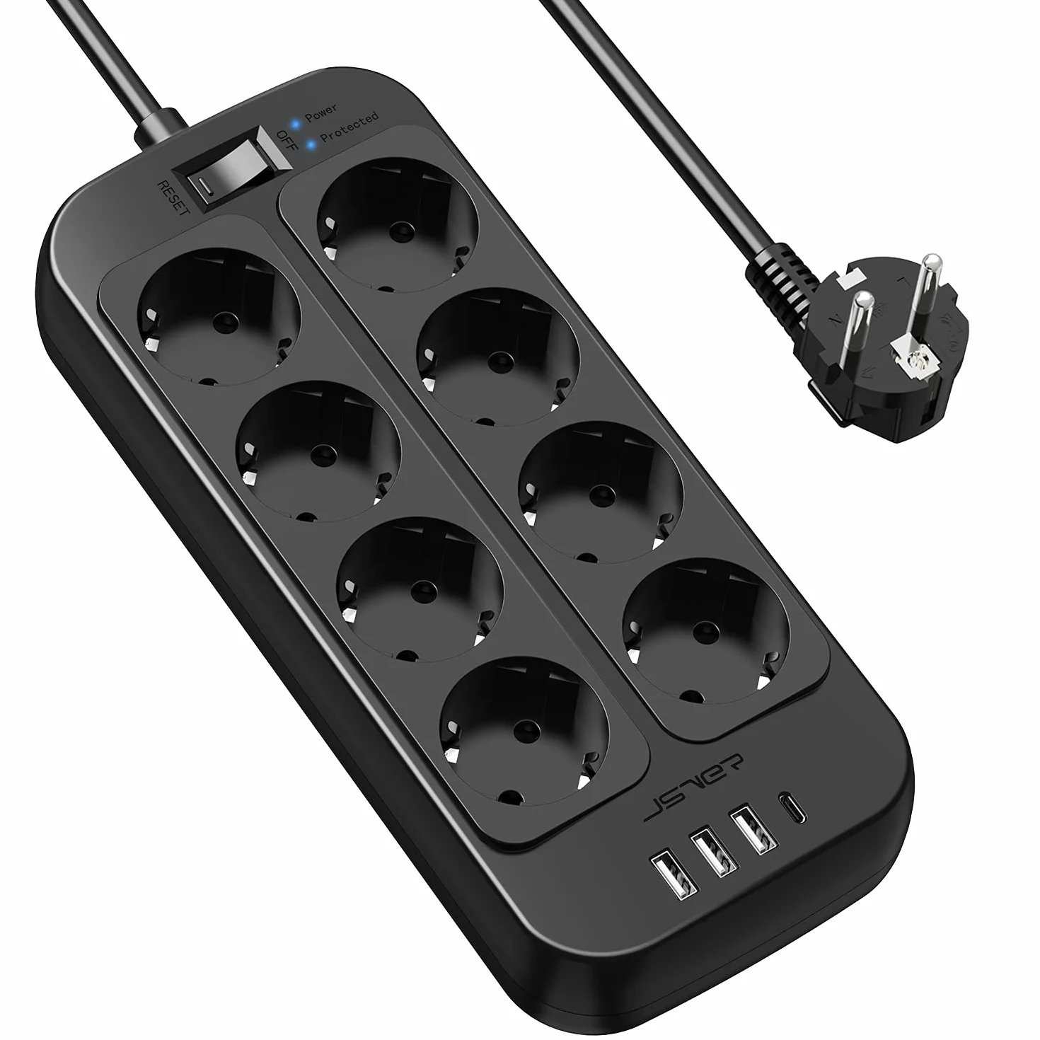 JSVER Multiprise 8 Prises USB C USB A Parasurtenseur Cordon 2m Noir
