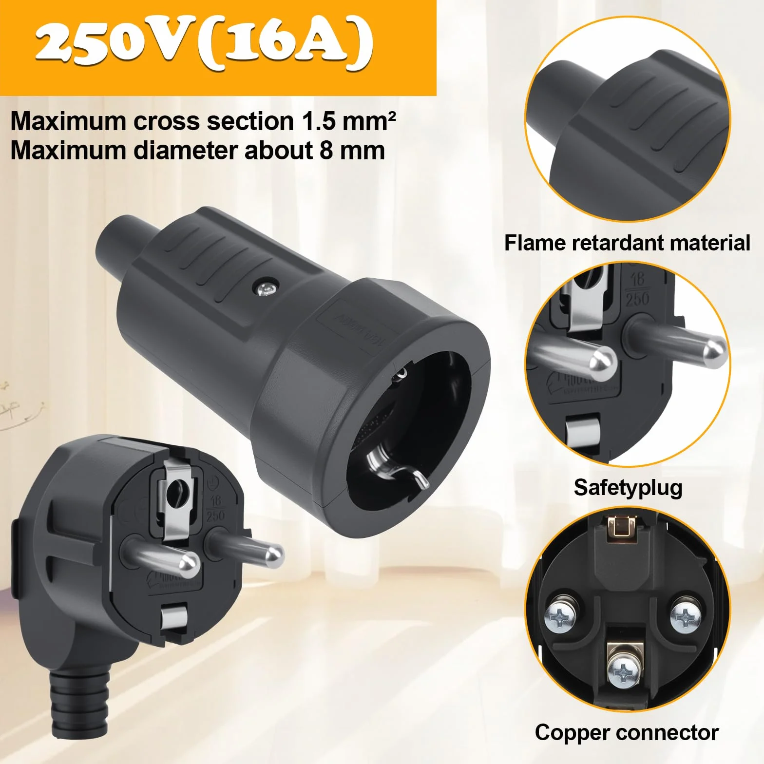 Connecteurs Schuko Fiche Prise Femelle 250V 16A IP20 Ignifuge Lot de 8