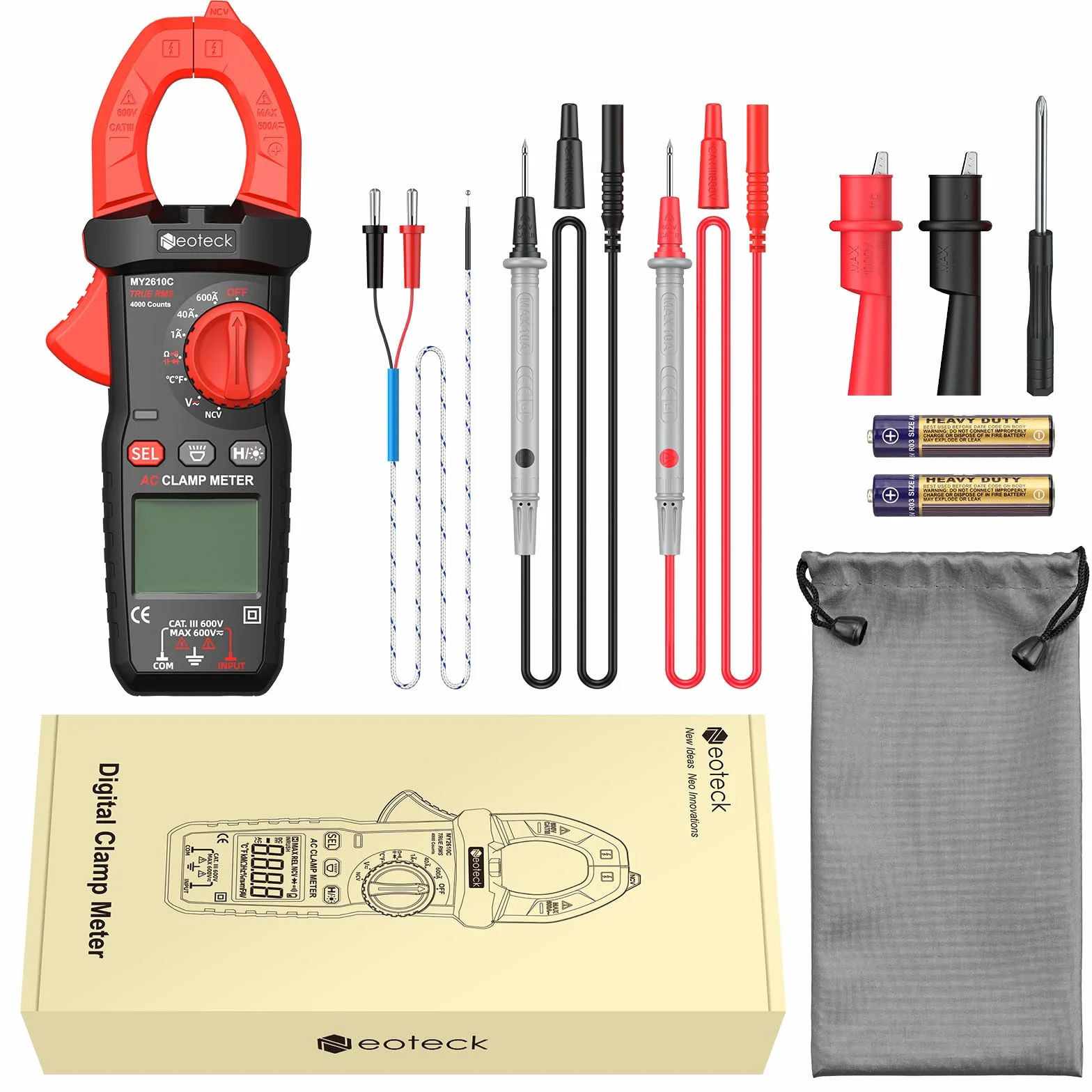 Neoteck Pince Ampèremétrique Numérique TRMS 4000 Counts - Multimètre Professionnel AC 600A Auto-Range NCV