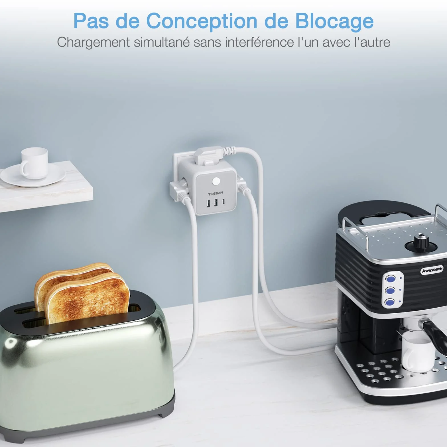 TESSAN Multiprise Cube 6-en-1 Chargeur USB Murale Prise Française 3 Sortie AC 3 Ports USB Adaptateur Secteur 2500W Gris