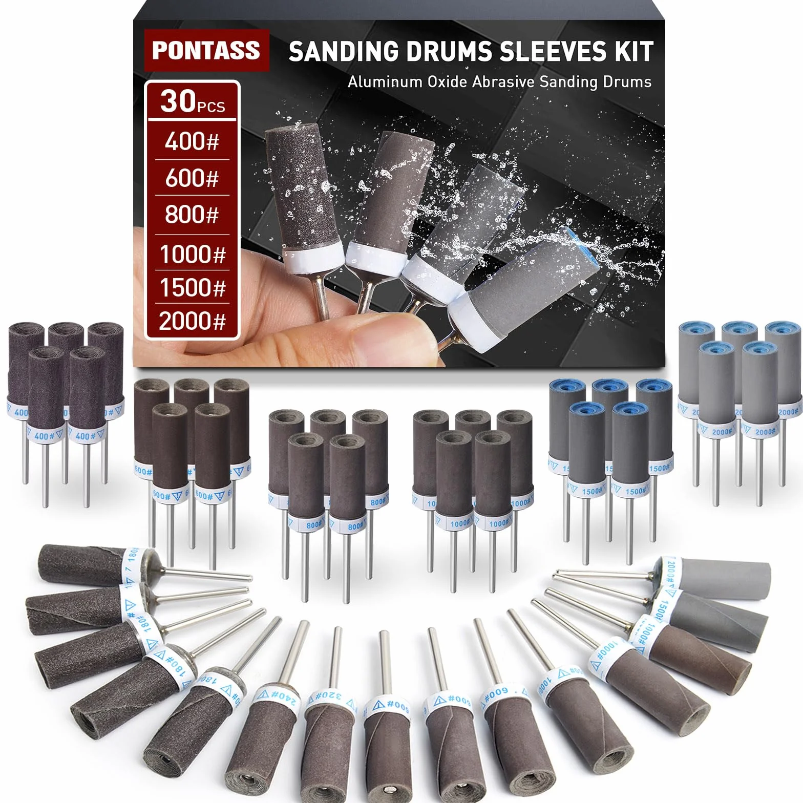 Tambours de Ponçage 400-2000 Grains pour Dremel, Manchons Abrasifs 3 mm