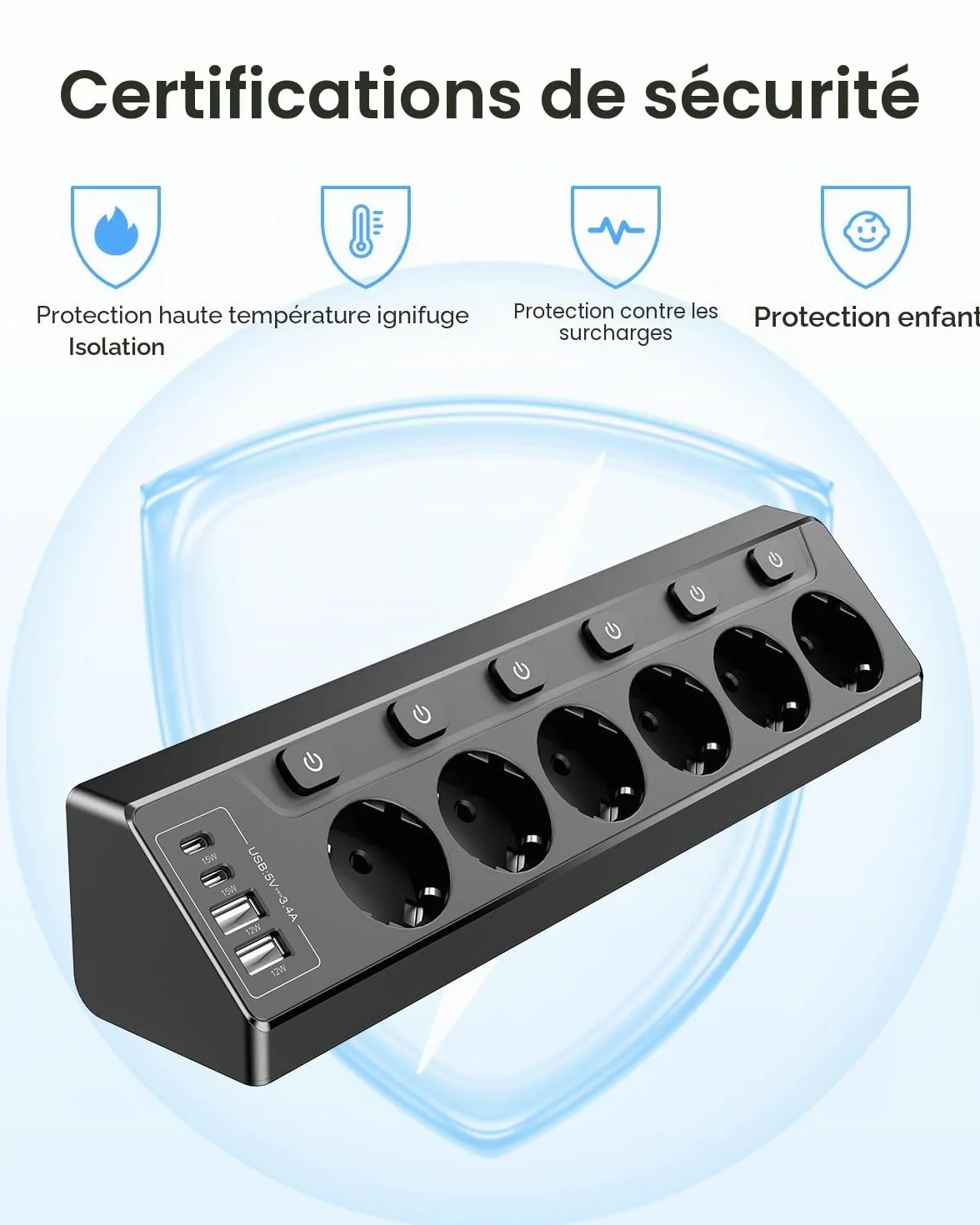 Prise Plan de Travail Cuisine, Multiprise 6 Prises avec 2 Ports USB A et 2 Ports USB C, Interrupteur, Rallonge 2m