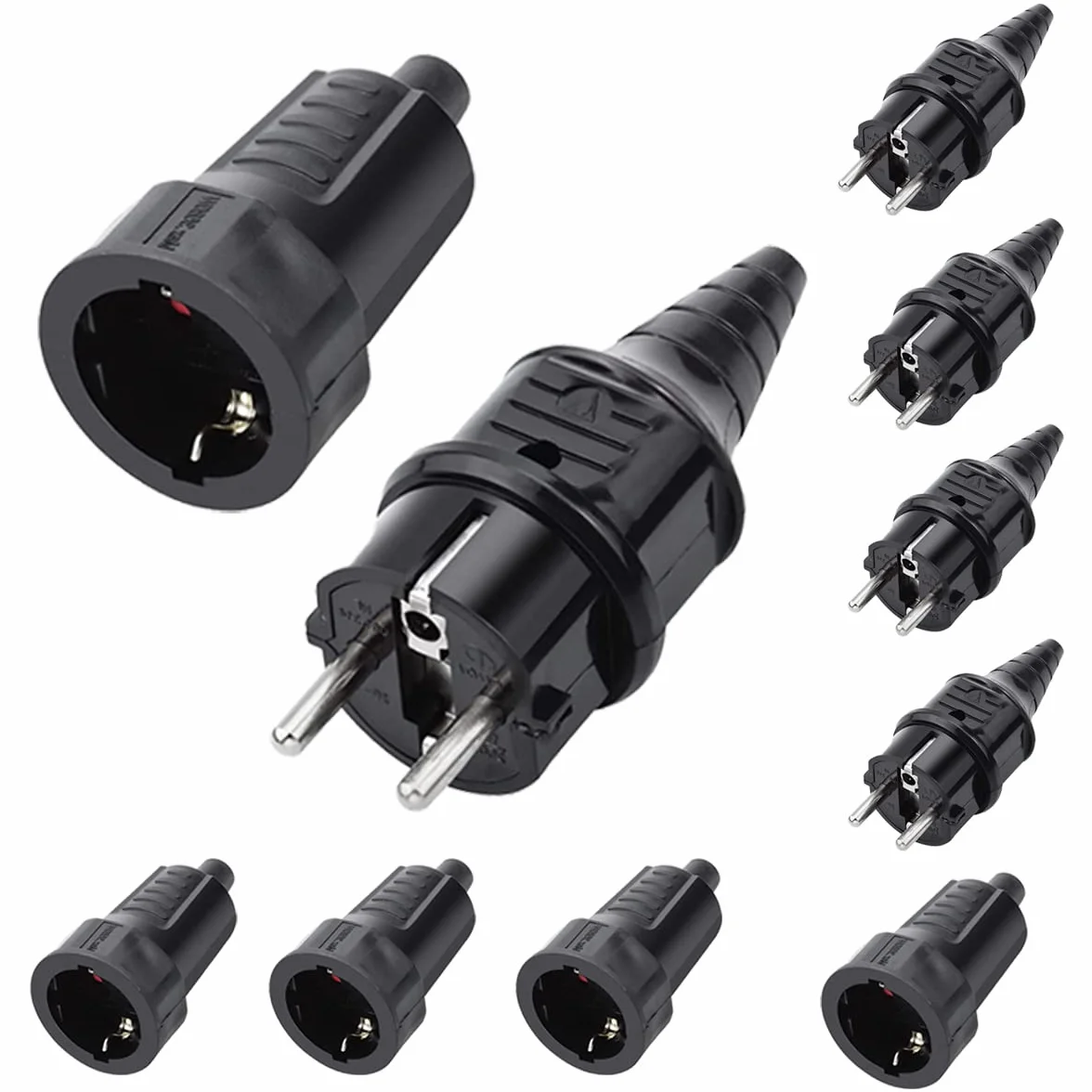 Fiche Électrique Mâle + Prise Femelle 250V 16A IP44 Caoutchouc Noir