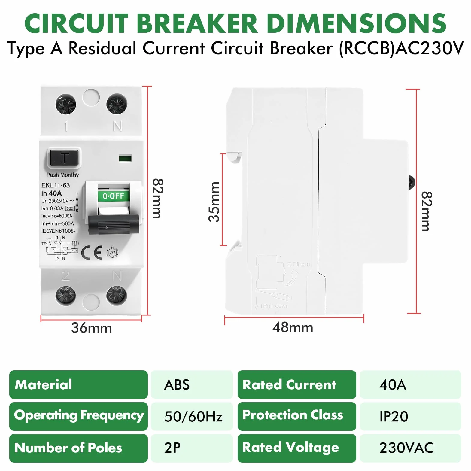 Jadeshay Disjoncteur différentiel 30mA 40A 2 Pôles RCCB Type A Protection fuites AC230V IP20