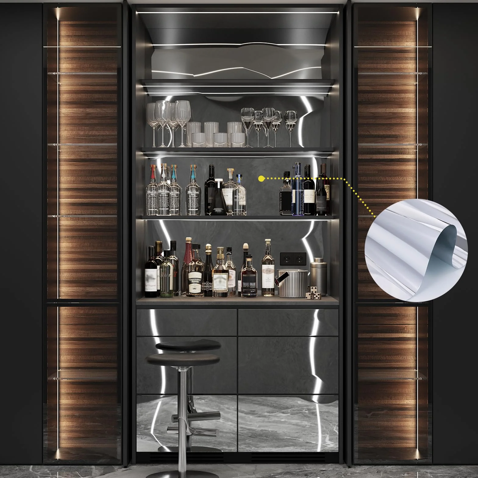 Rouleau Film Miroir Adhésif Flexible 40x500cm Argent Autocollant Imperméable pour Meuble